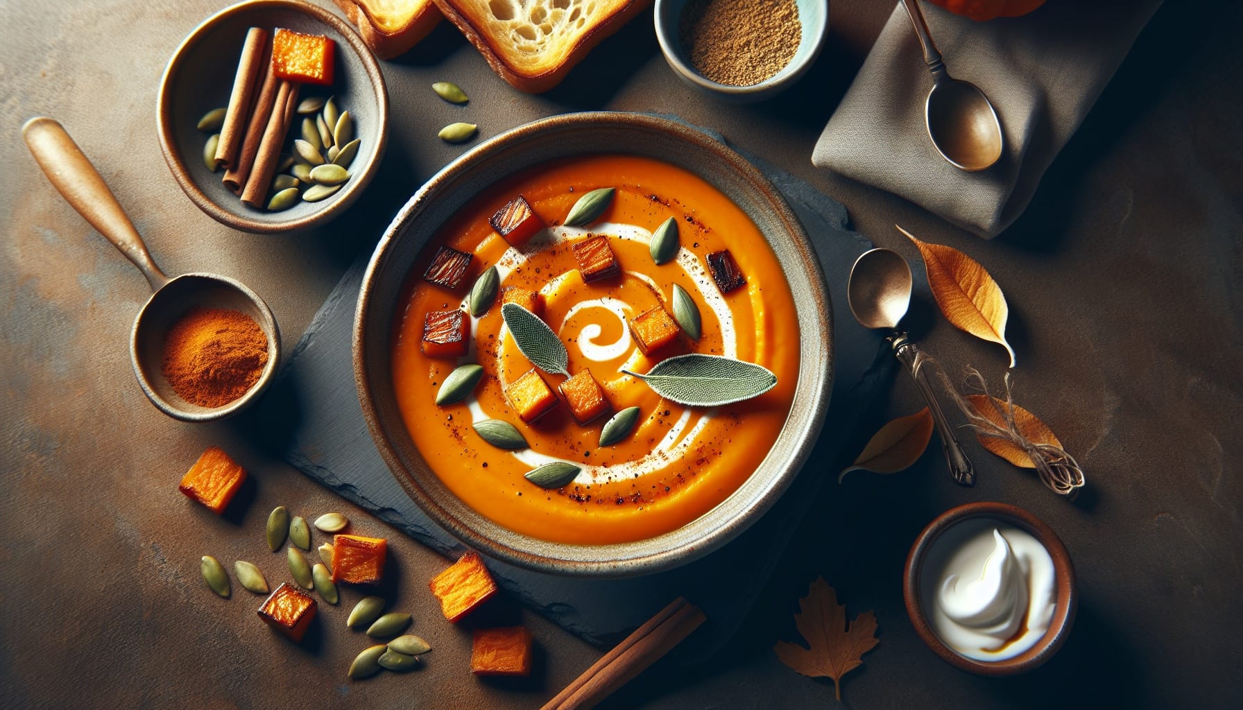 Spiced Maple Sweet Potato Bisque with Toasted Pepitas and Crispy Sage - A delicious recipe by DigiDish