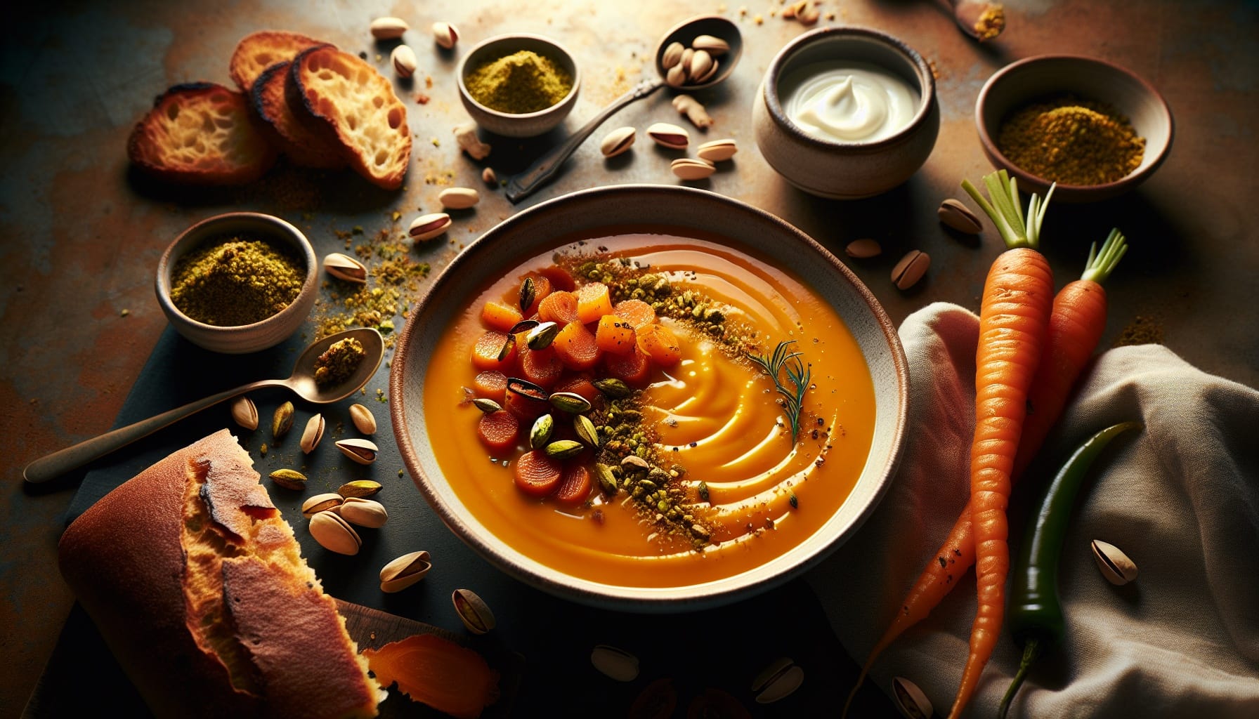 Honey Roasted Carrot and Ginger Soup with Spiced Pistachio Dukkah - A delicious recipe by DigiDish