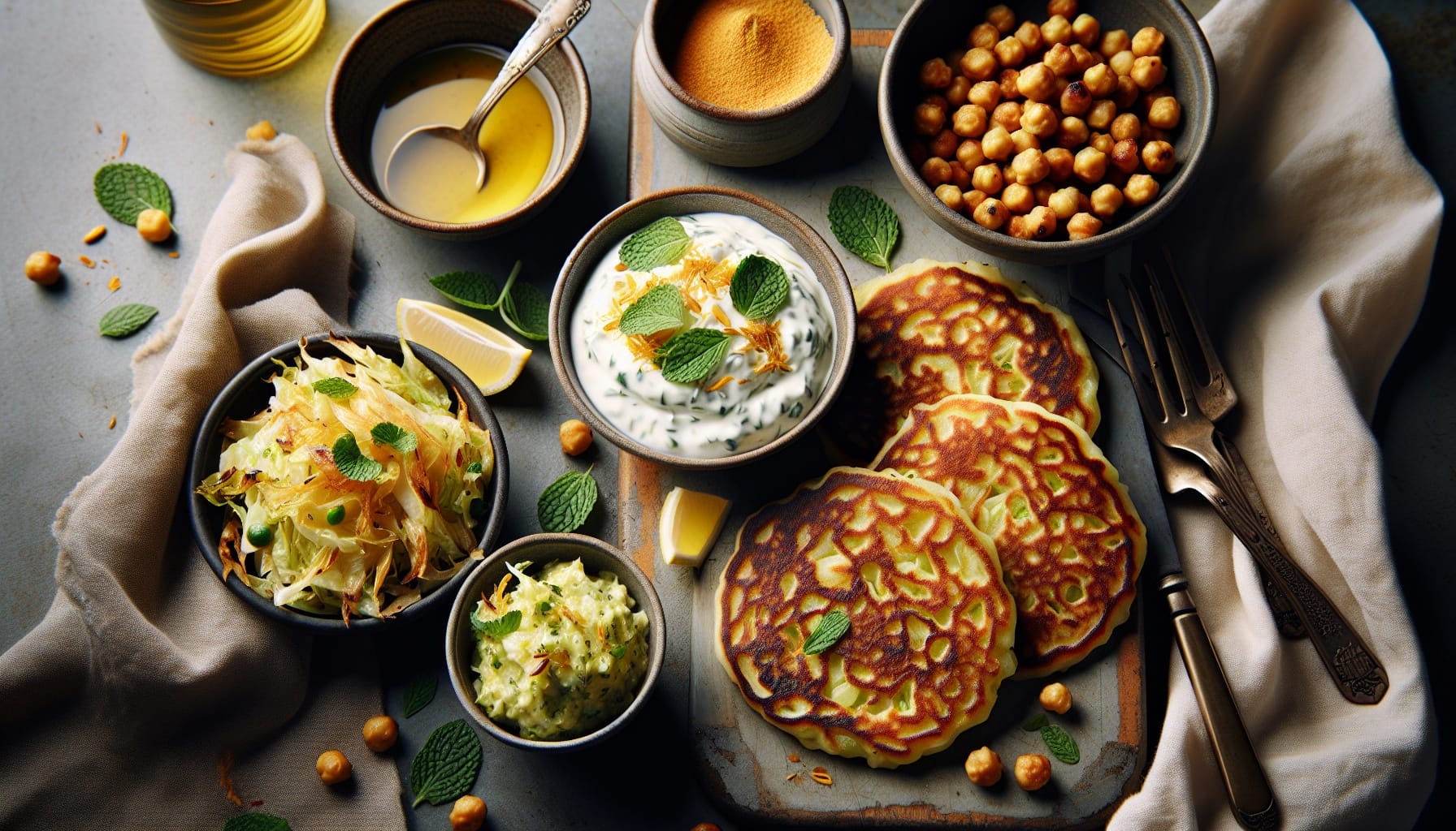 Spiced Cabbage Pancakes with Lemon Herb Yogurt and Crispy Chickpeas - A delicious recipe by DigiDish