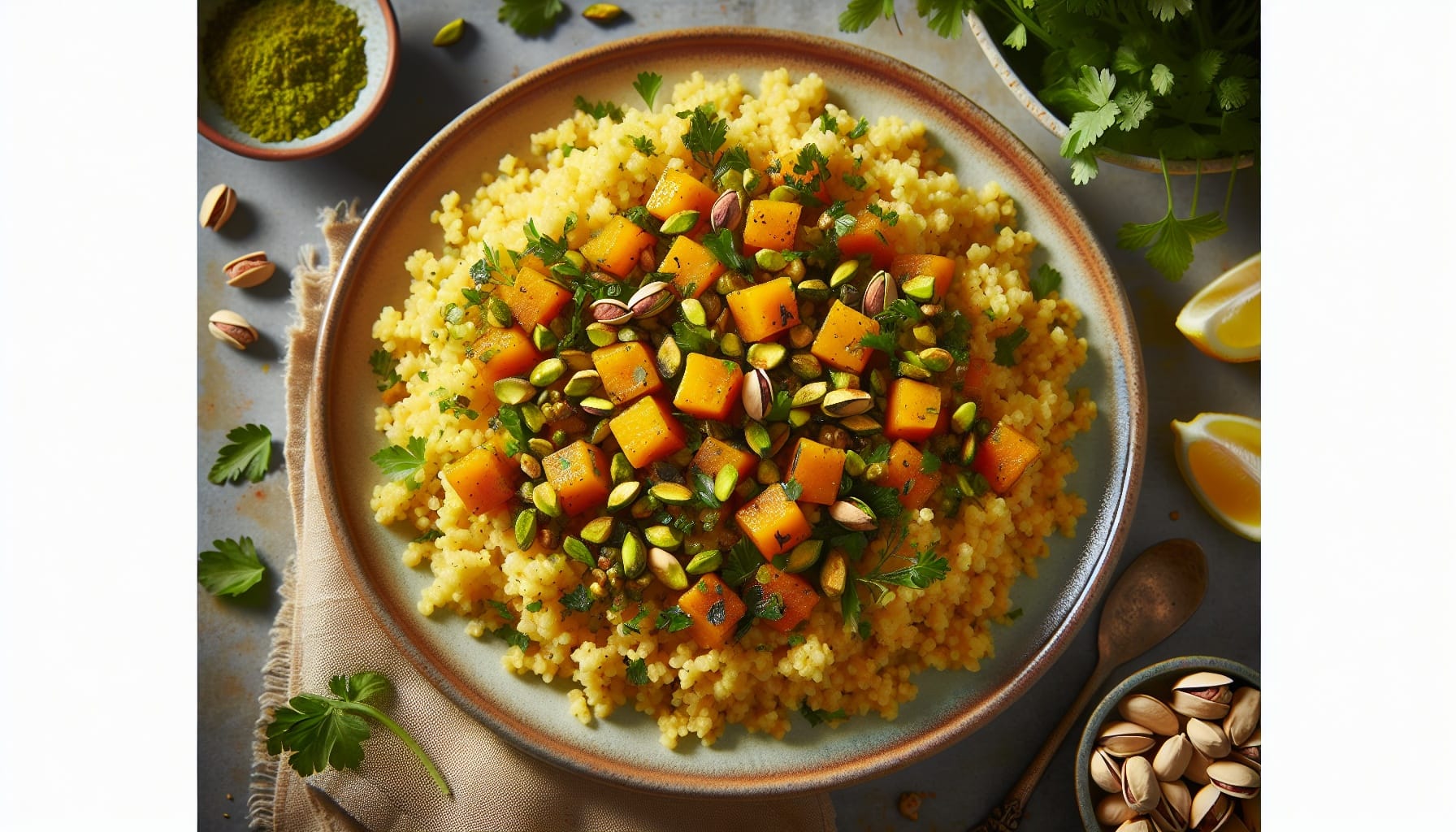 Golden Millet Pilaf with Roasted Squash and Herb Pistachio Salsa - A delicious recipe by DigiDish