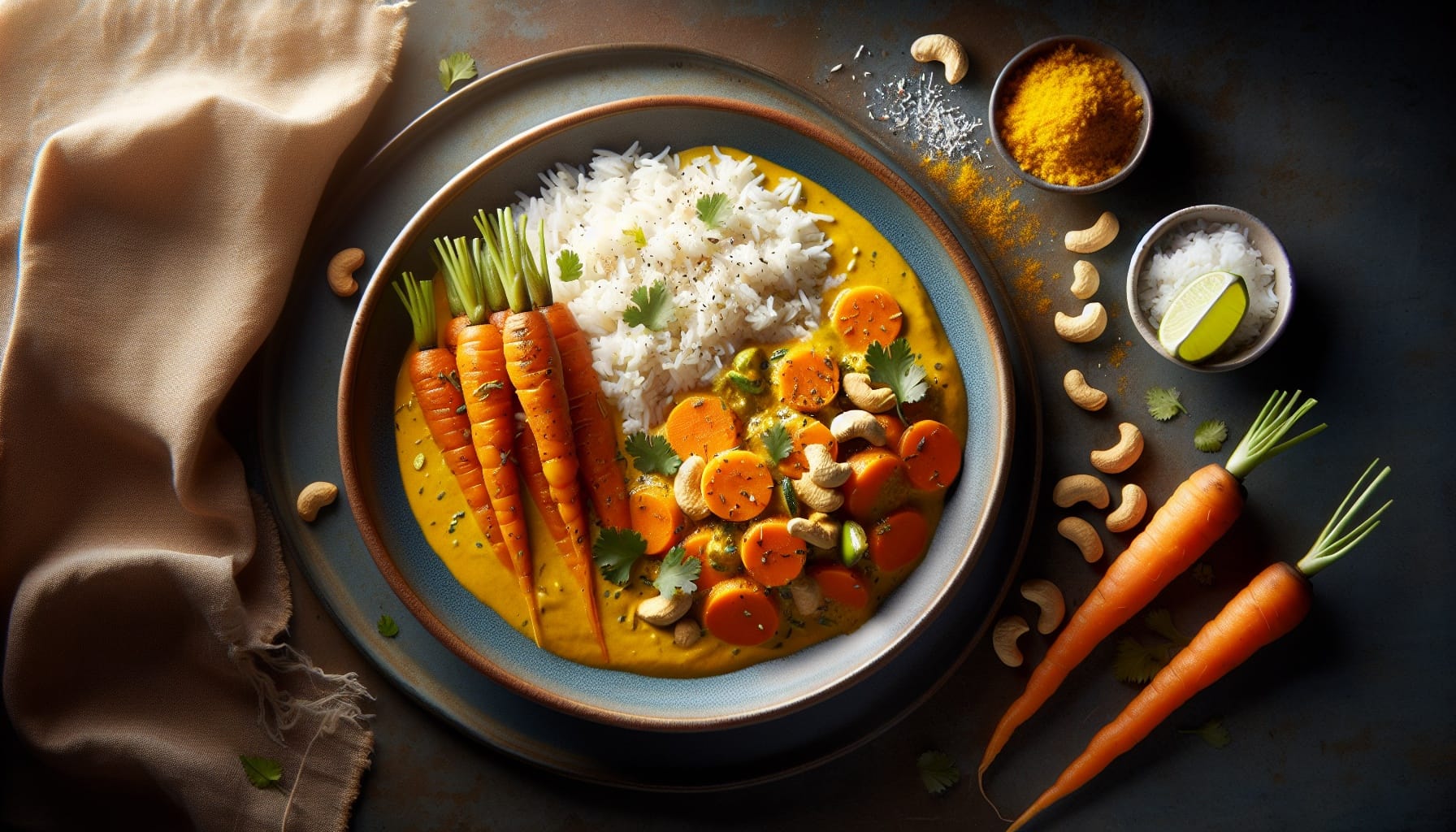 Golden Carrot Curry with Coconut Jasmine Rice and Toasted Cashew Relish - A delicious recipe by DigiDish