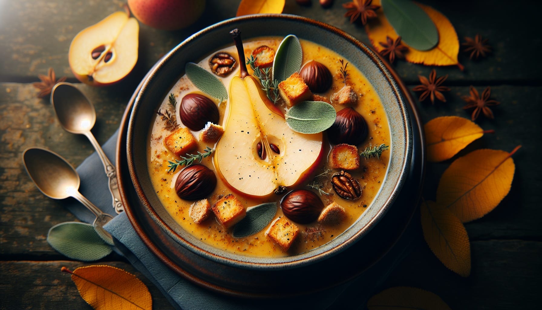 Warm Spiced Pear and Chestnut Soup with Crispy Sage Croutons - A delicious recipe by DigiDish