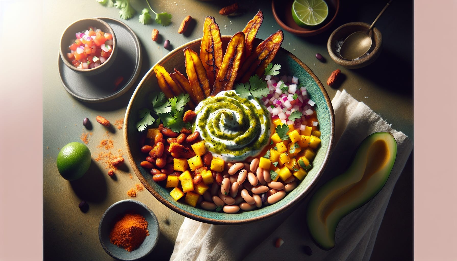 Crispy Spiced Plantain Bowls with Black Bean Mango Salsa and Lime Crema - A delicious recipe by DigiDish