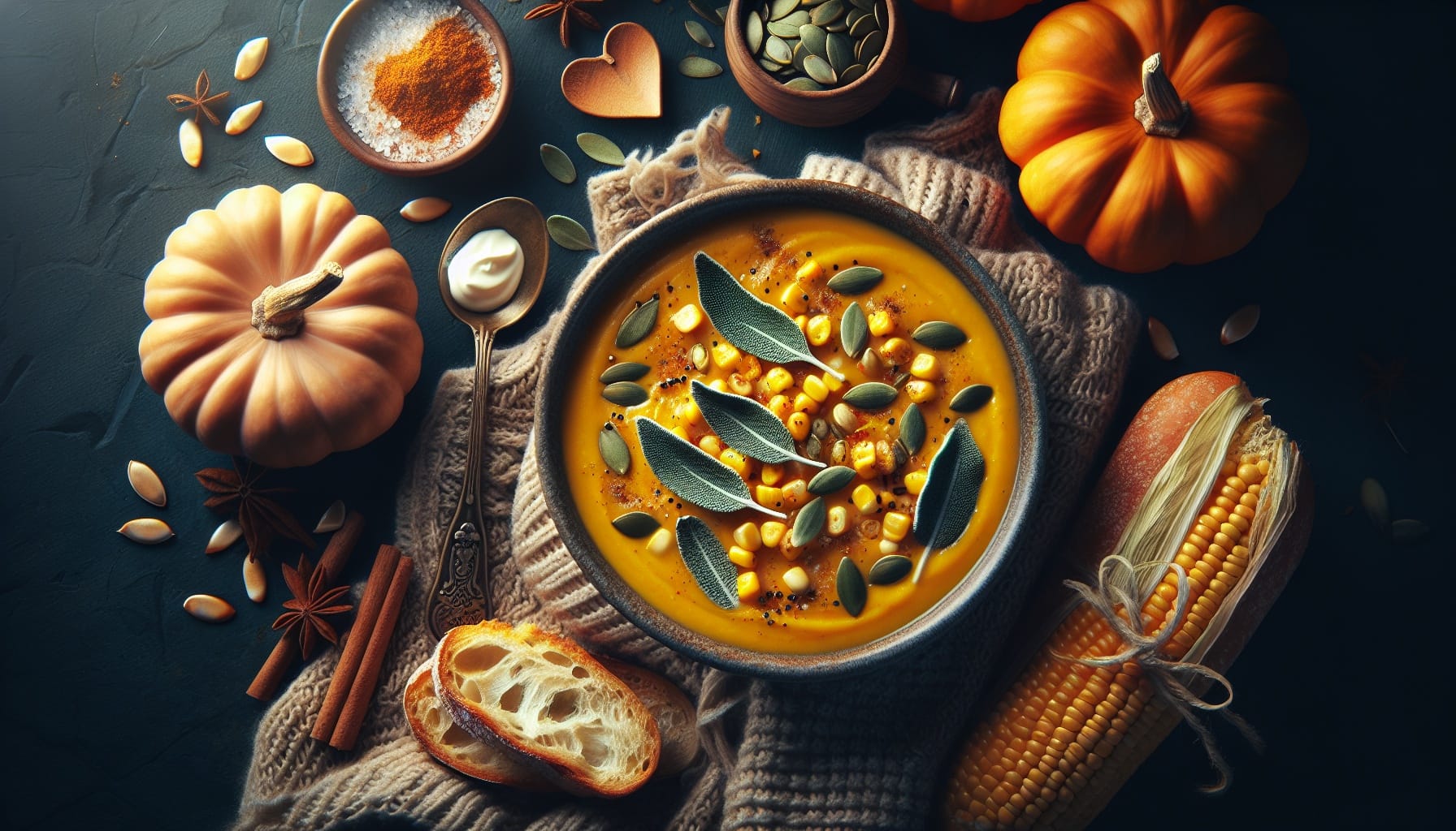 Harvest Spiced Pumpkin Corn Soup with Crisped Sage and Toasted Pumpkin Seeds - A delicious recipe by DigiDish