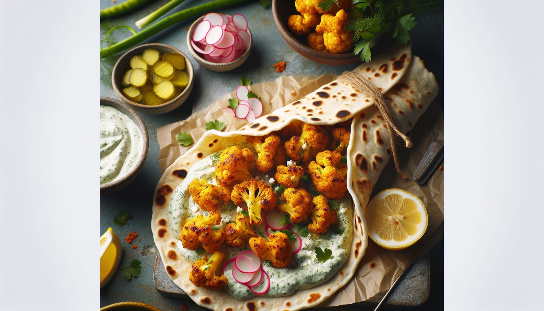 Crispy Spiced Cauliflower Wraps with Tahini Herb Sauce - A delicious recipe by DigiDish