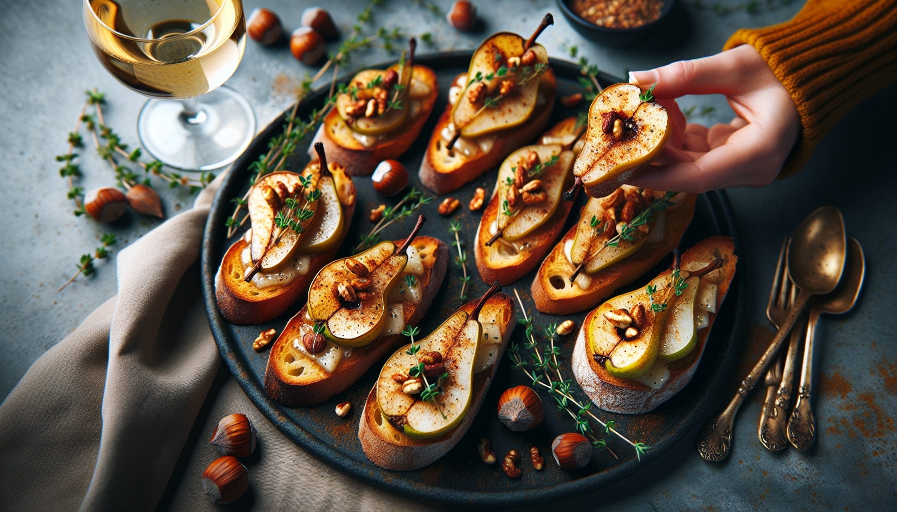 Spiced Pear and Hazelnut Crostini with Honey Thyme Glaze - A delicious recipe by DigiDish