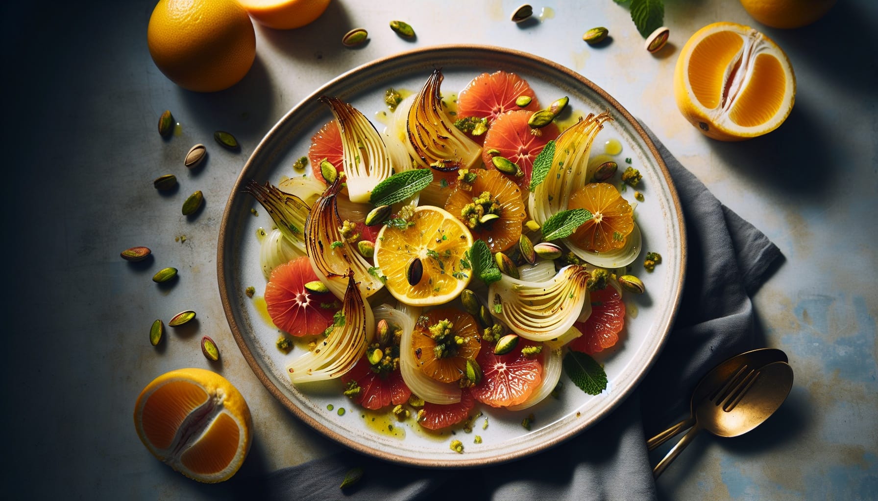 Caramelized Fennel and Citrus Salad with Pistachio Mint Crunch - A delicious recipe by DigiDish
