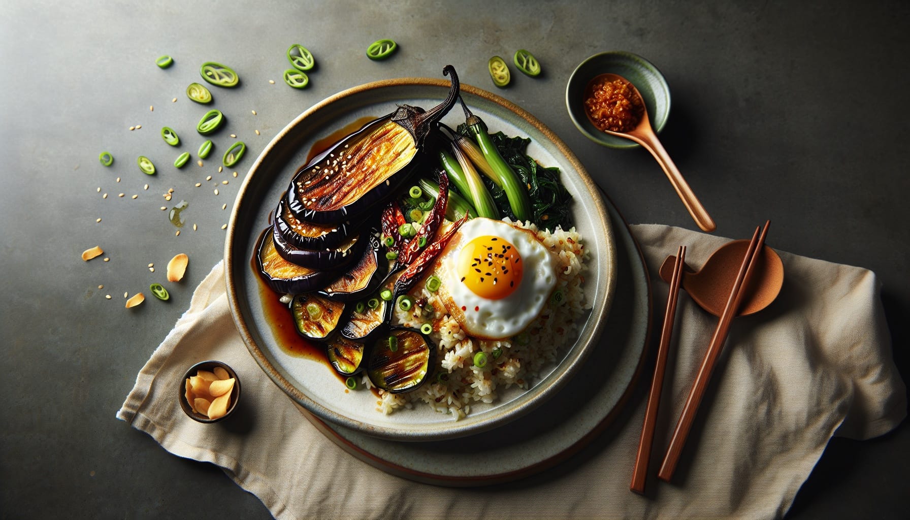 Sesame Roasted Eggplant with Ginger Scallion Rice and Chili Crisp - A delicious recipe by DigiDish