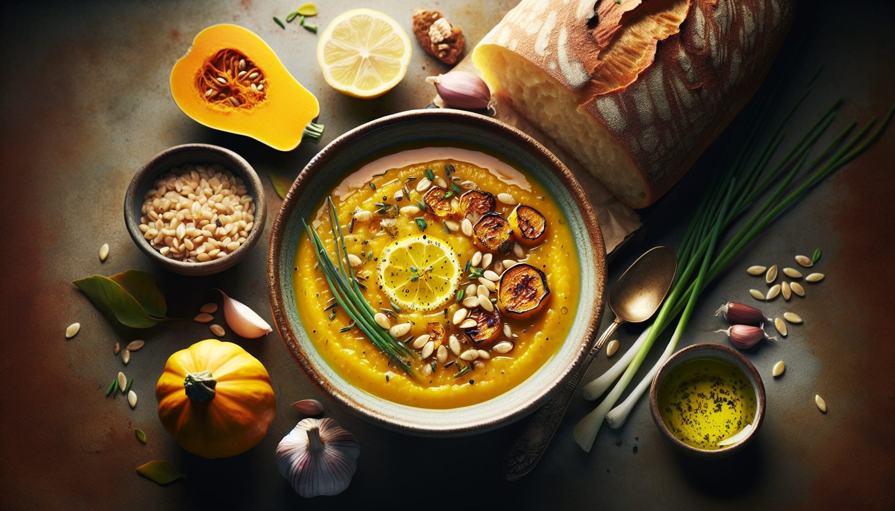 Black Garlic Squash Soup with Toasted Farro and Lemon Chive Oil - A delicious recipe by DigiDish
