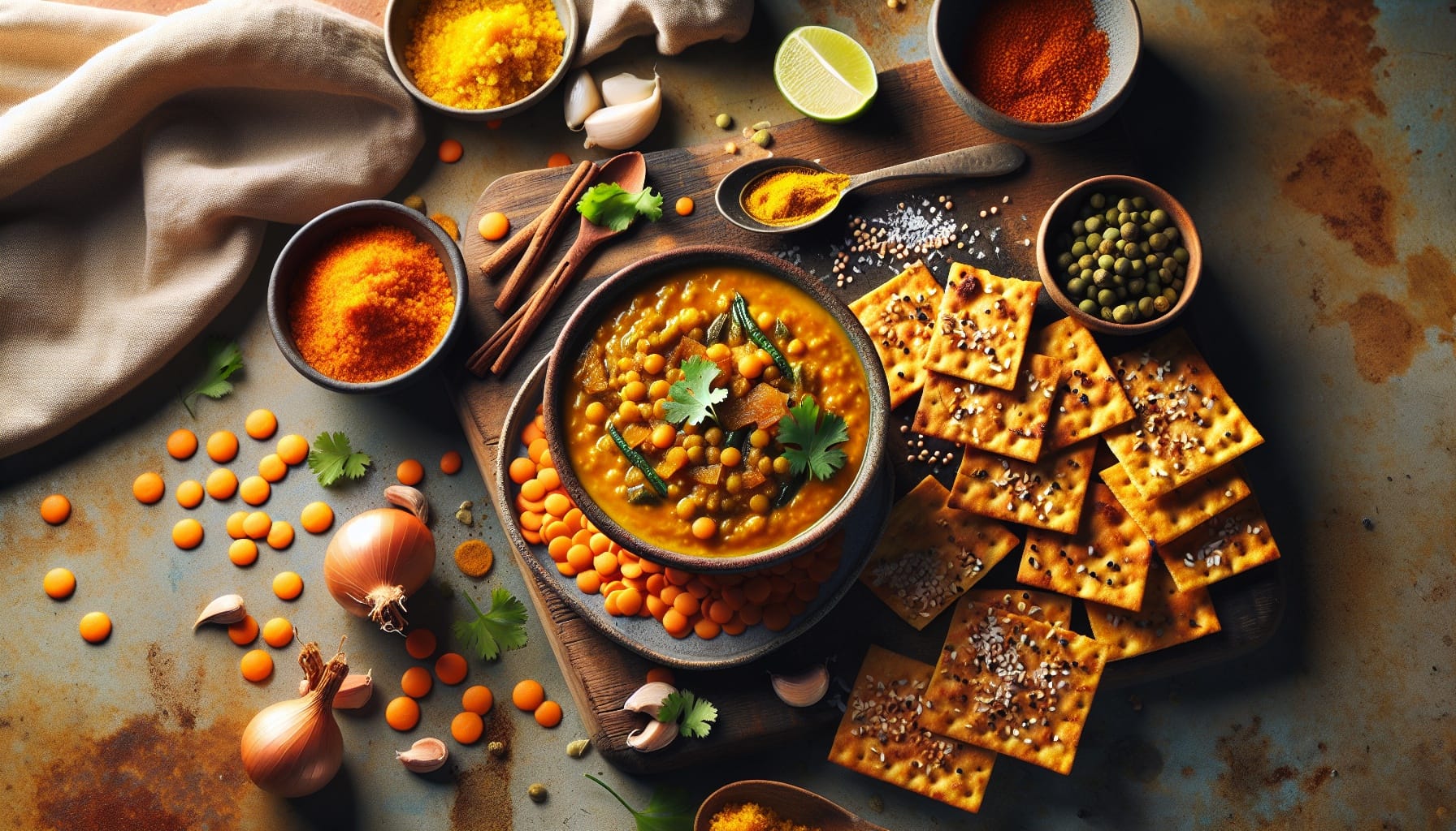 Golden Lentil Stew with Spiced Coconut Crackers - A delicious recipe by DigiDish