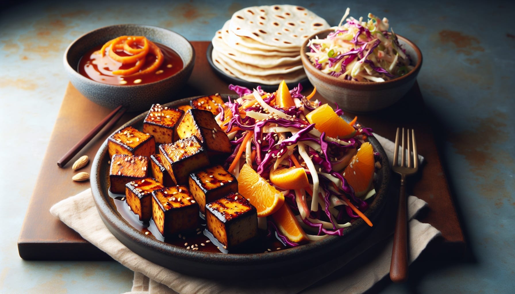 Sweet and Spicy Maple Glazed Tofu with Sesame Orange Slaw - A delicious recipe by DigiDish