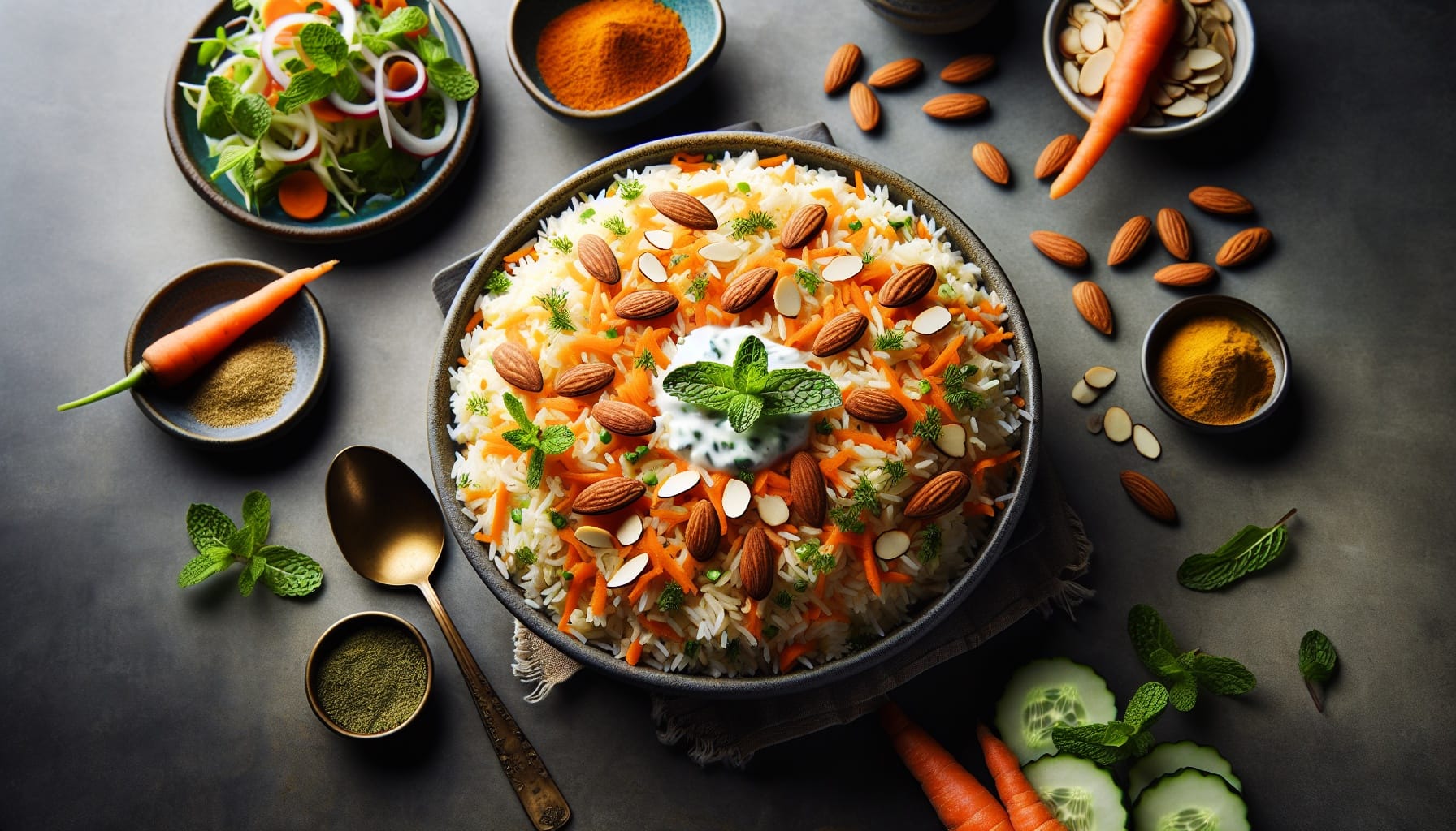 Carrot Ginger Biryani with Toasted Almonds and Mint Yogurt - A delicious recipe by DigiDish