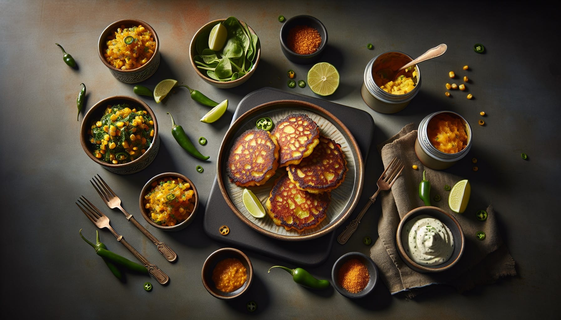 Crispy Potato Pancakes with Smoky Charred Corn Relish and Lime Crema - A delicious recipe by DigiDish