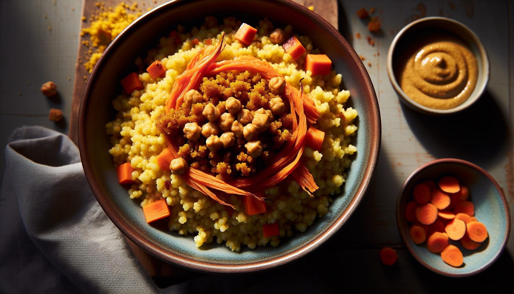 Golden Millet Pilaf with Roasted Carrot Tahini and Crispy Chickpea Crumble - A delicious recipe by DigiDish