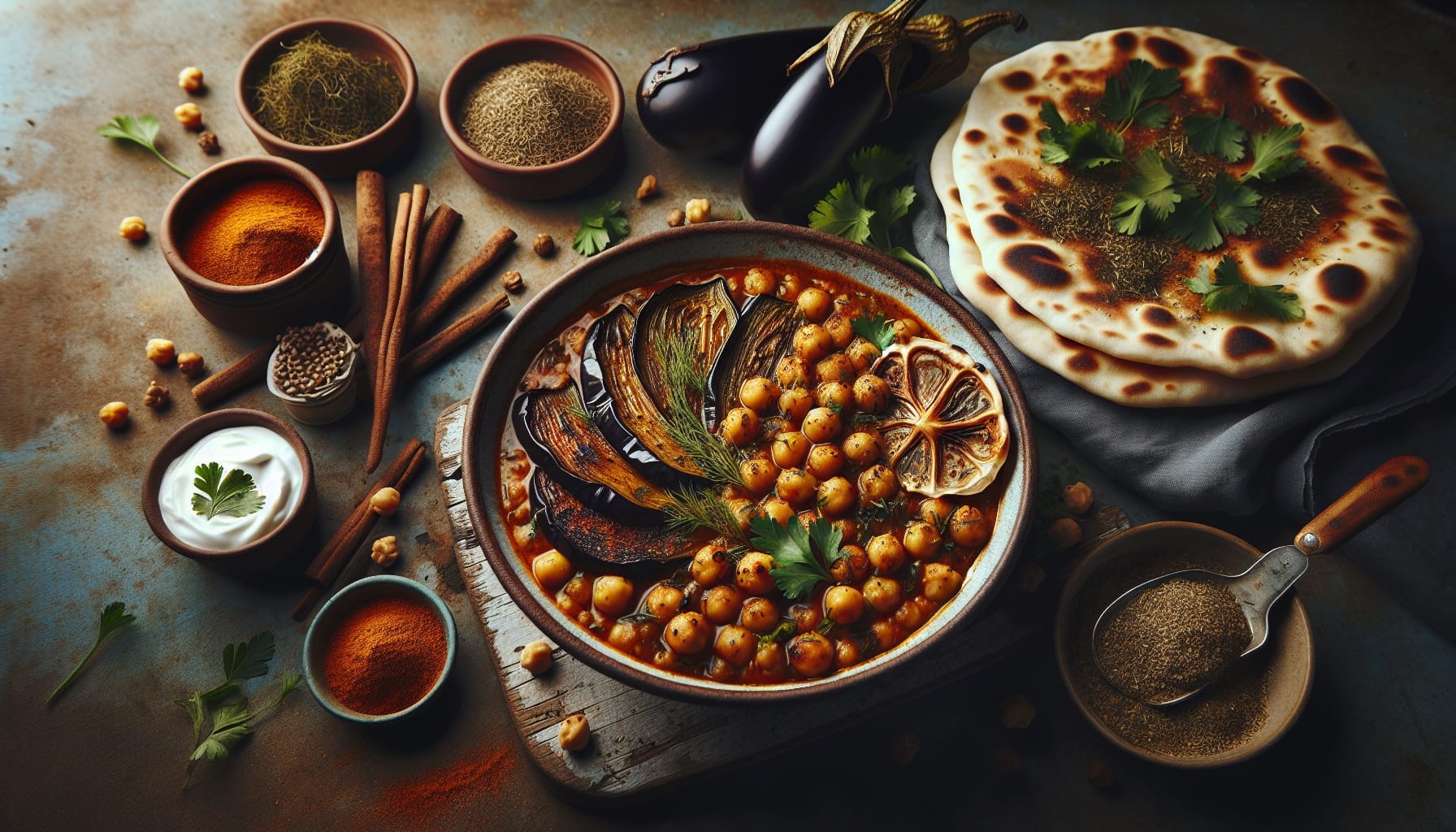 Warm Spiced Chickpea Stew with Roasted Eggplant and Herbed Flatbread - A delicious recipe by DigiDish