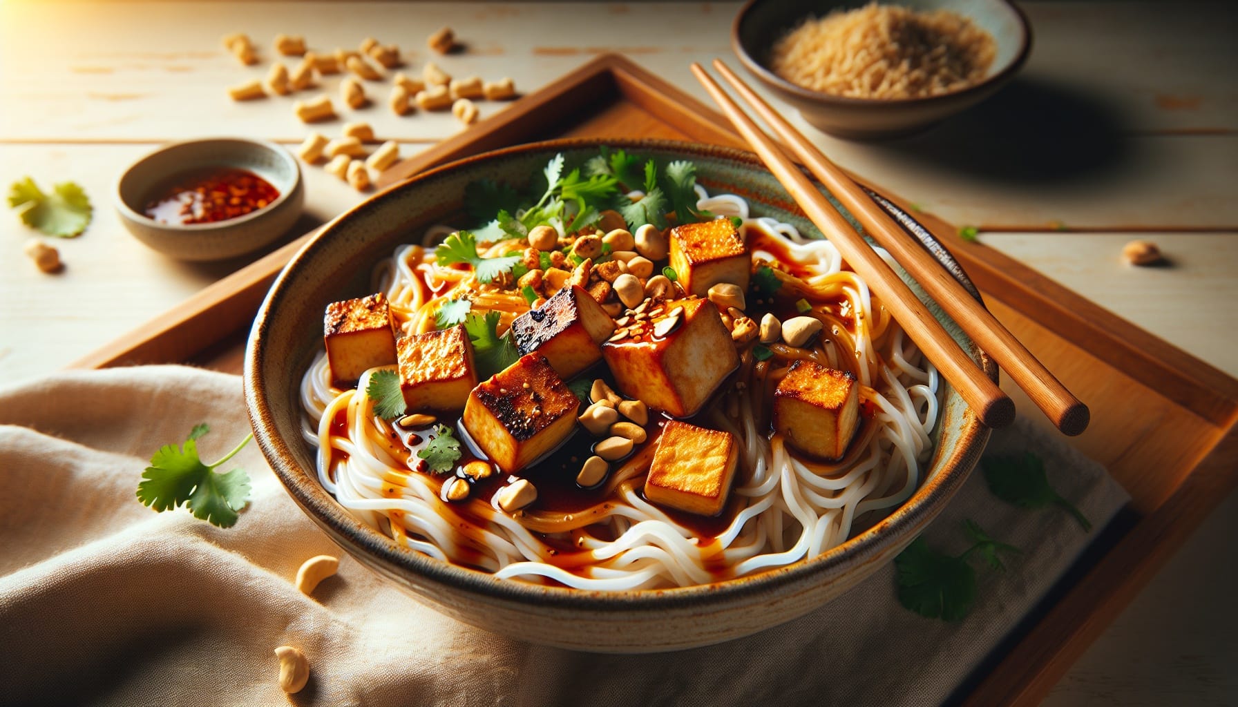 Coconut Tamarind Rice Noodles with Crispy Tofu and Spiced Peanut Sauce - A delicious recipe by DigiDish