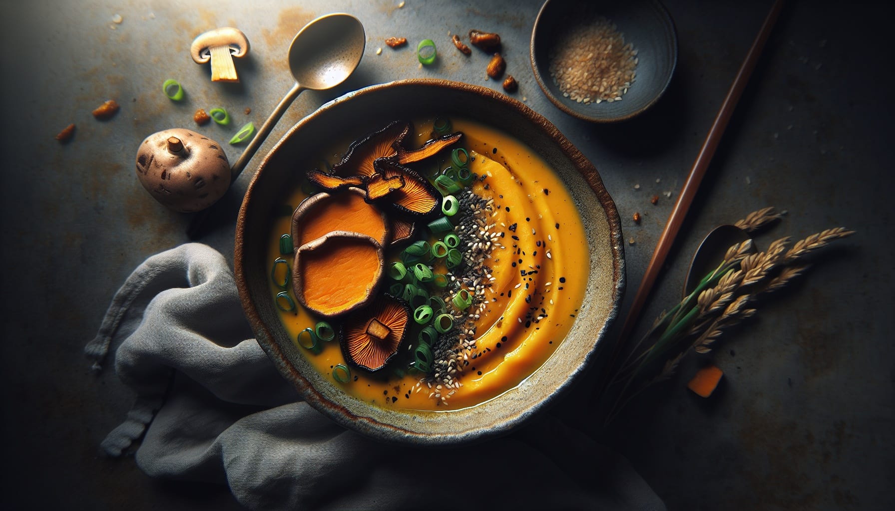 Ginger Miso Sweet Potato Soup with Crispy Shiitake and Sesame Scallion Oil - A delicious recipe by DigiDish