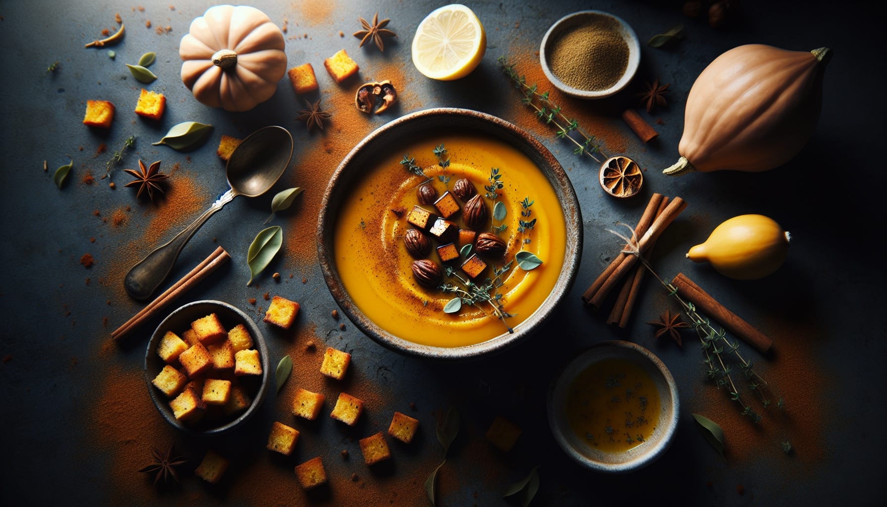 Spiced Butternut Squash and Chestnut Soup with Lemon Thyme Croutons - A delicious recipe by DigiDish