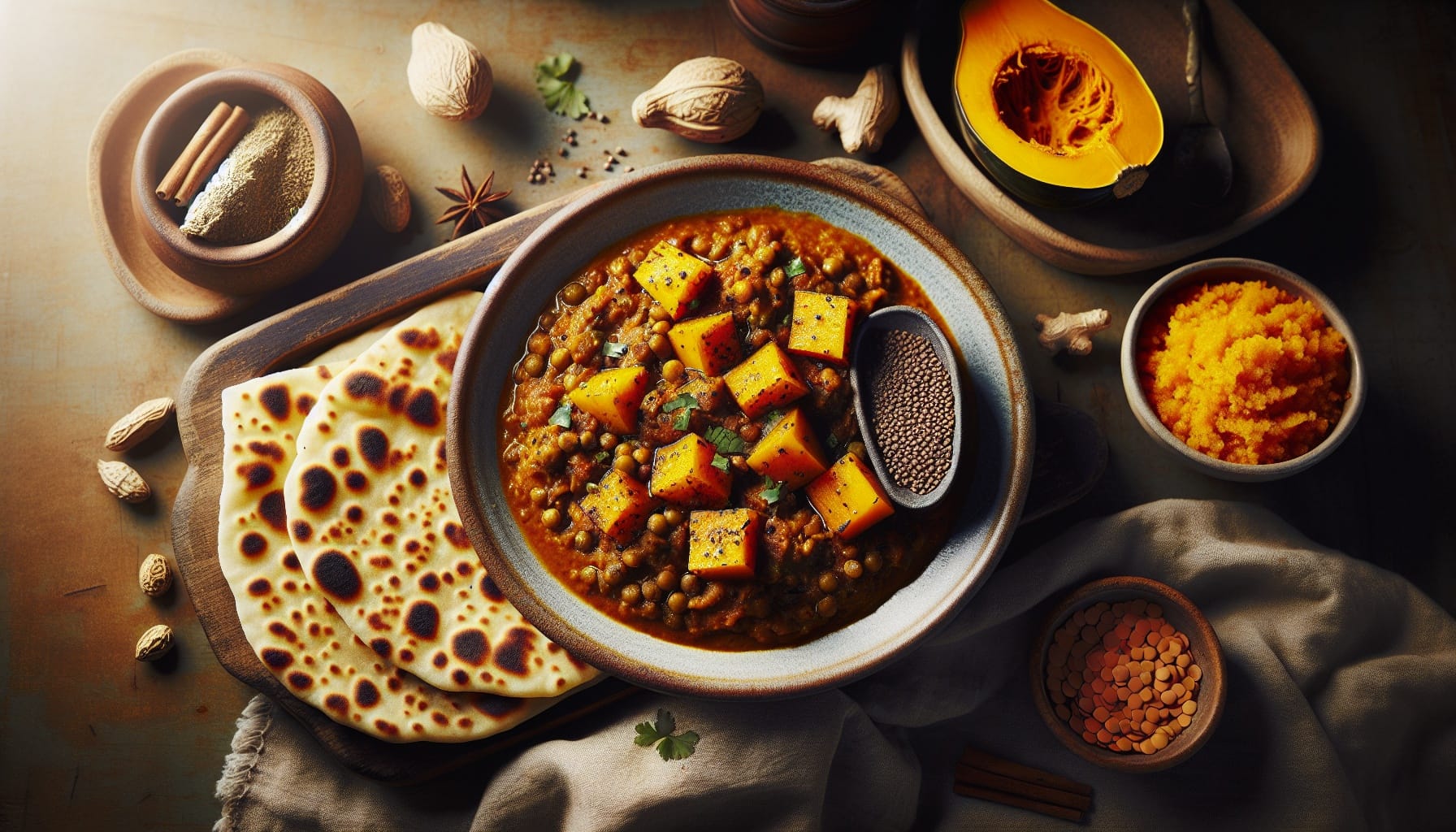 Spiced Acorn Squash and Lentil Curry with Coconut Ginger Flatbread - A delicious recipe by DigiDish