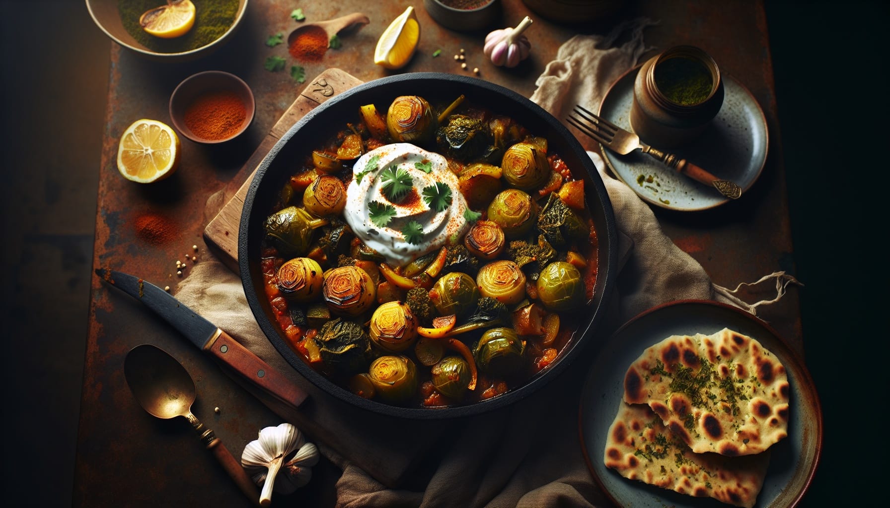 Roasted Spiced Kohlrabi Stew with Lemon Coriander Yogurt and Garlic Flatbread - A delicious recipe by DigiDish