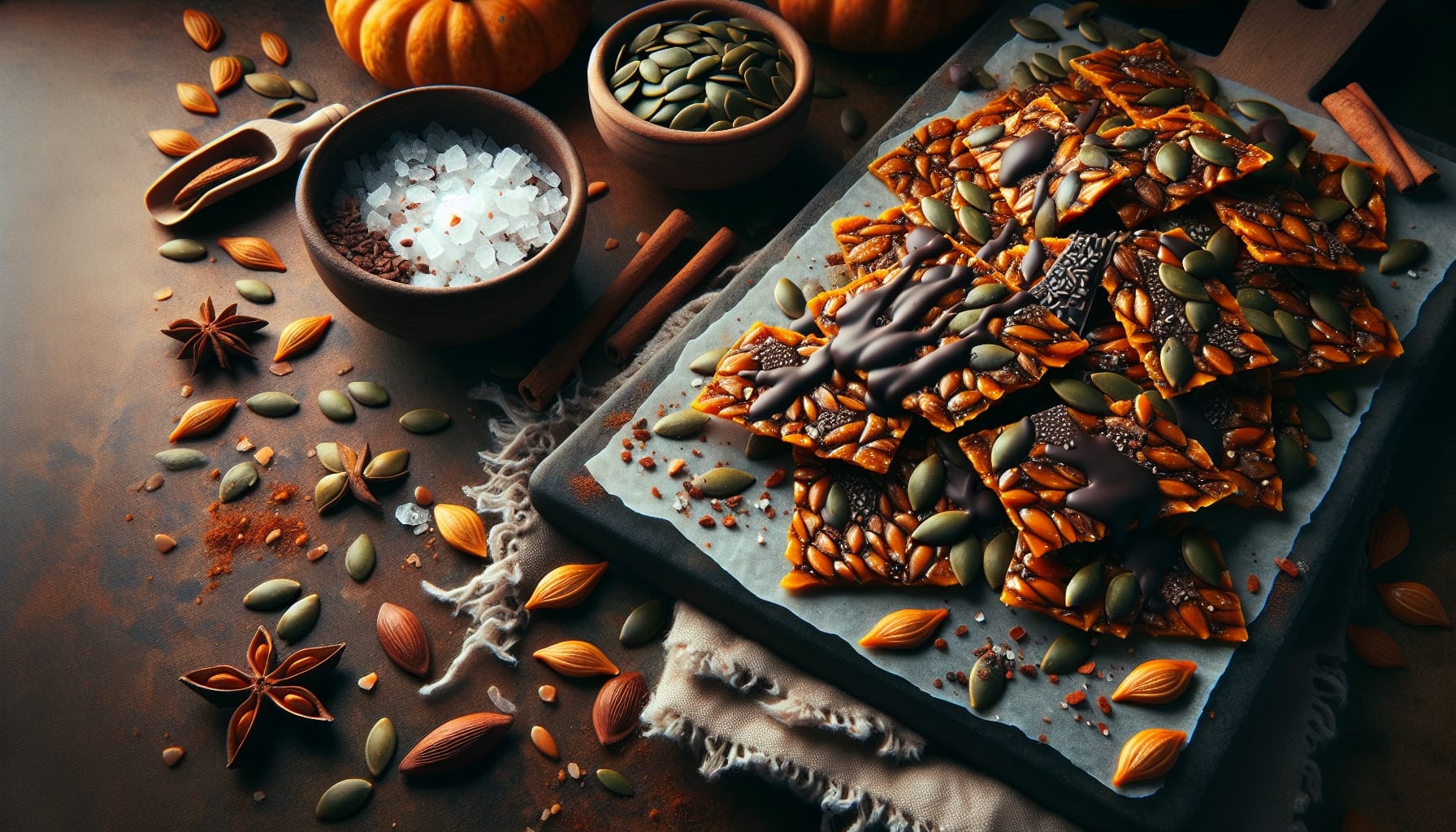 Spiced Pumpkin Seed Brittle with Dark Chocolate Drizzle and Sea Salt - A delicious recipe by DigiDish