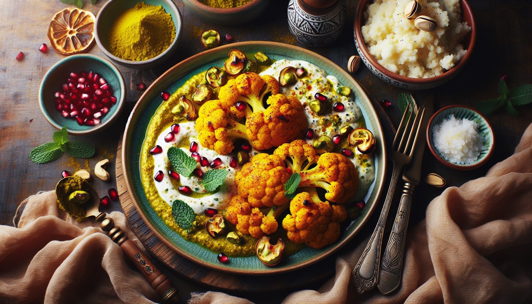 Golden Turmeric Spiced Cauliflower Steaks with Minted Pistachio Yogurt and Pomegranate Burst - A delicious recipe by DigiDish