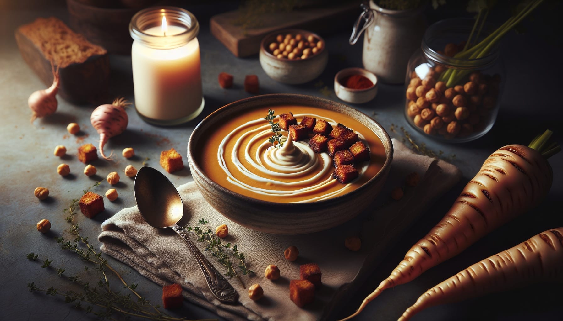 Maple Roasted Parsnip Soup with Smoked Paprika Chickpea Croutons - A delicious recipe by DigiDish