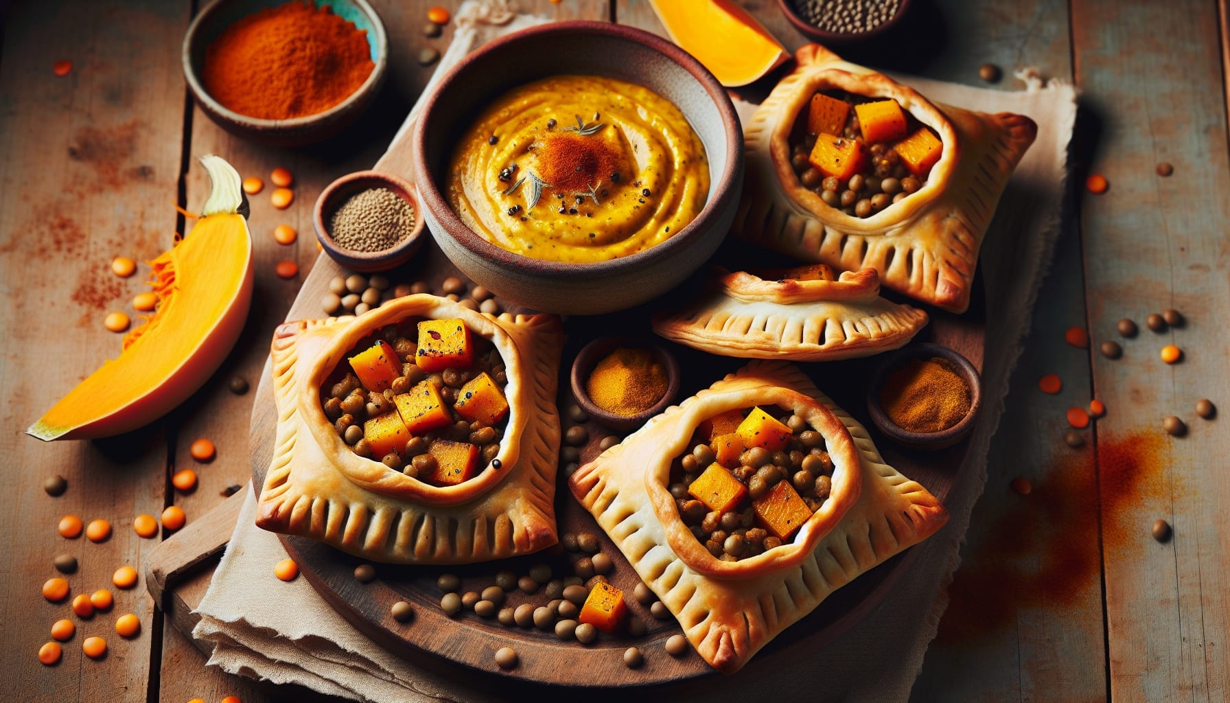 Spiced Squash and Lentil Hand Pies with Coconut Curry Dip - A delicious recipe by DigiDish