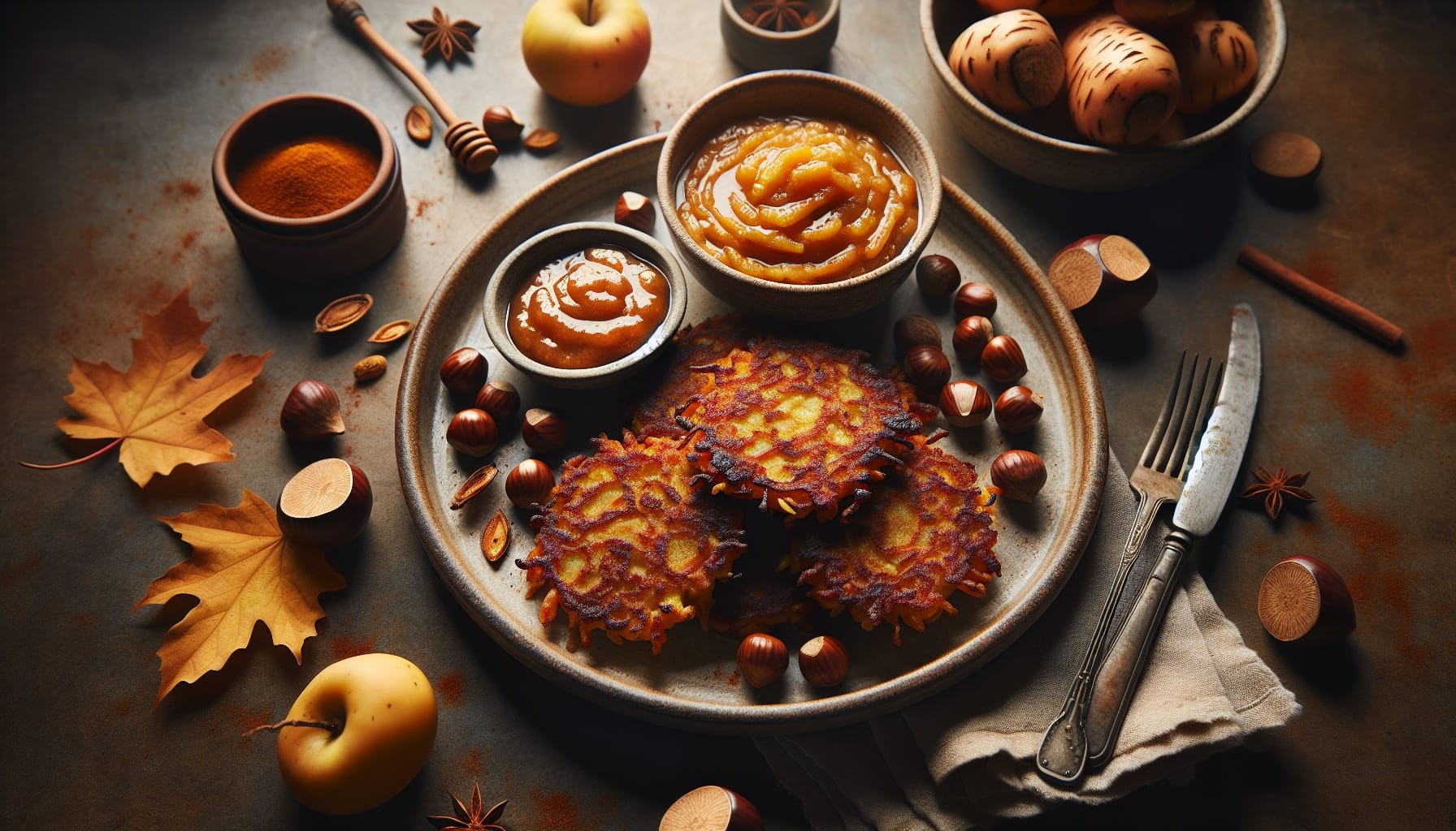 Spiced Parsnip and Chestnut Latkes with Apple Cider Cream - A delicious recipe by DigiDish