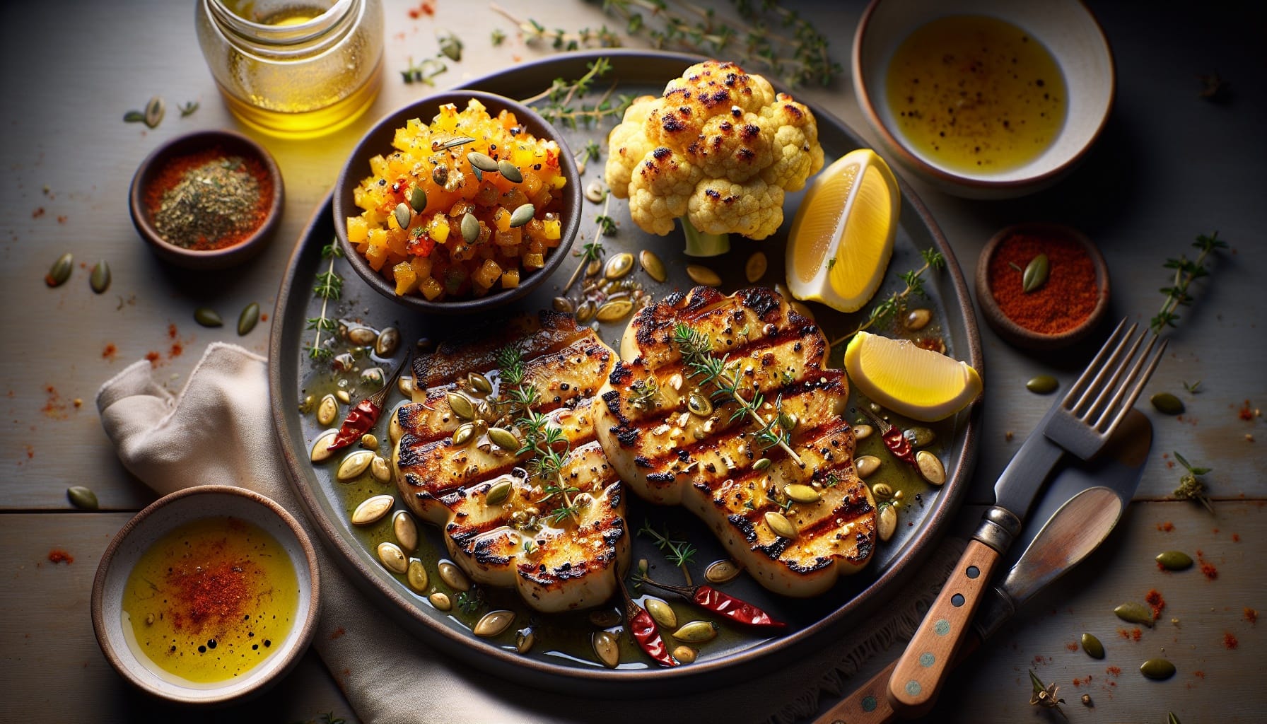 Winter Herb and Lemon Roasted Cauliflower Steaks with Spiced Pumpkin Seed Salsa - A delicious recipe by DigiDish