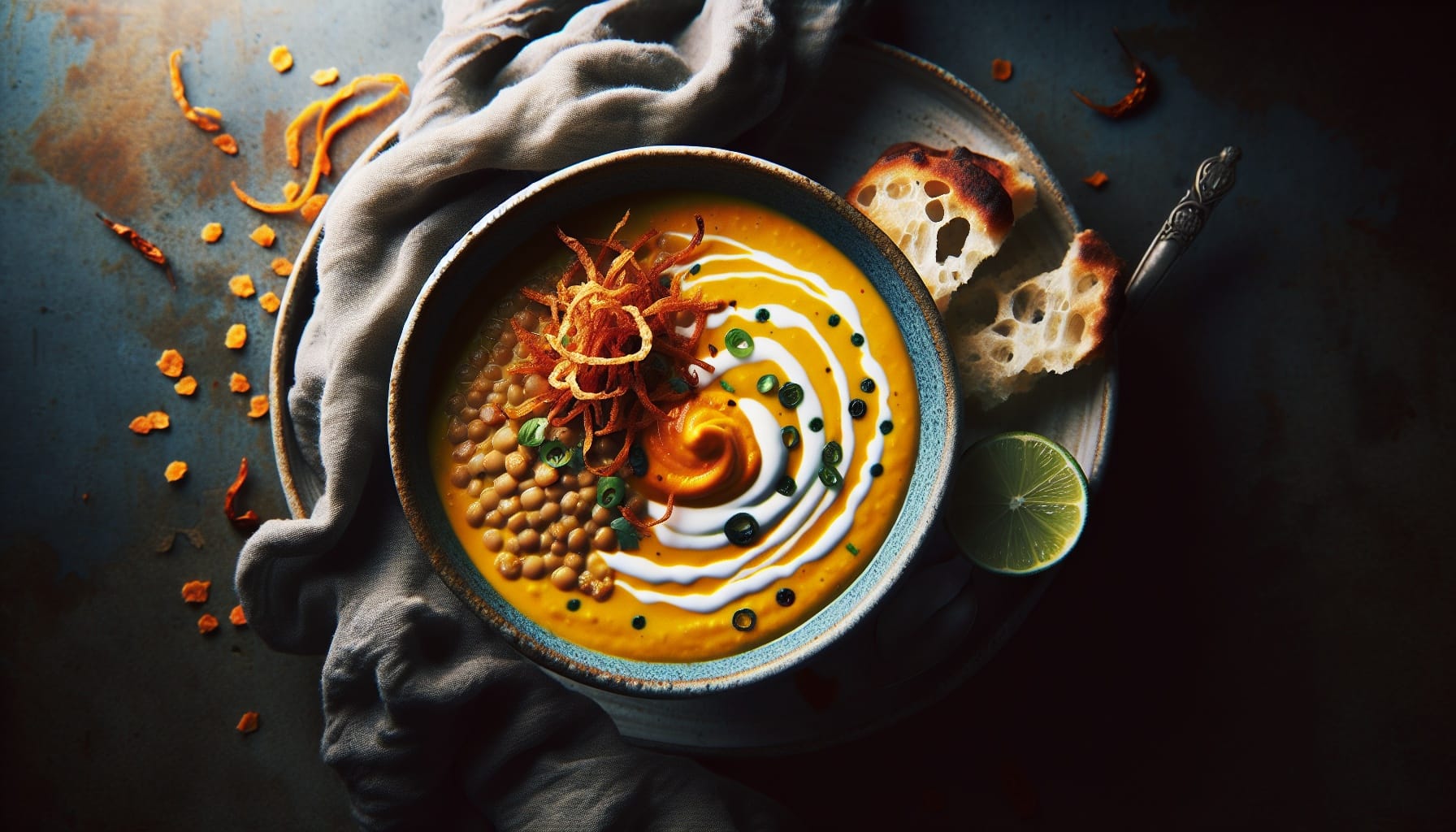 Golden Lentil Soup with Carrot Ginger Swirl and Crispy Shallots - A delicious recipe by DigiDish
