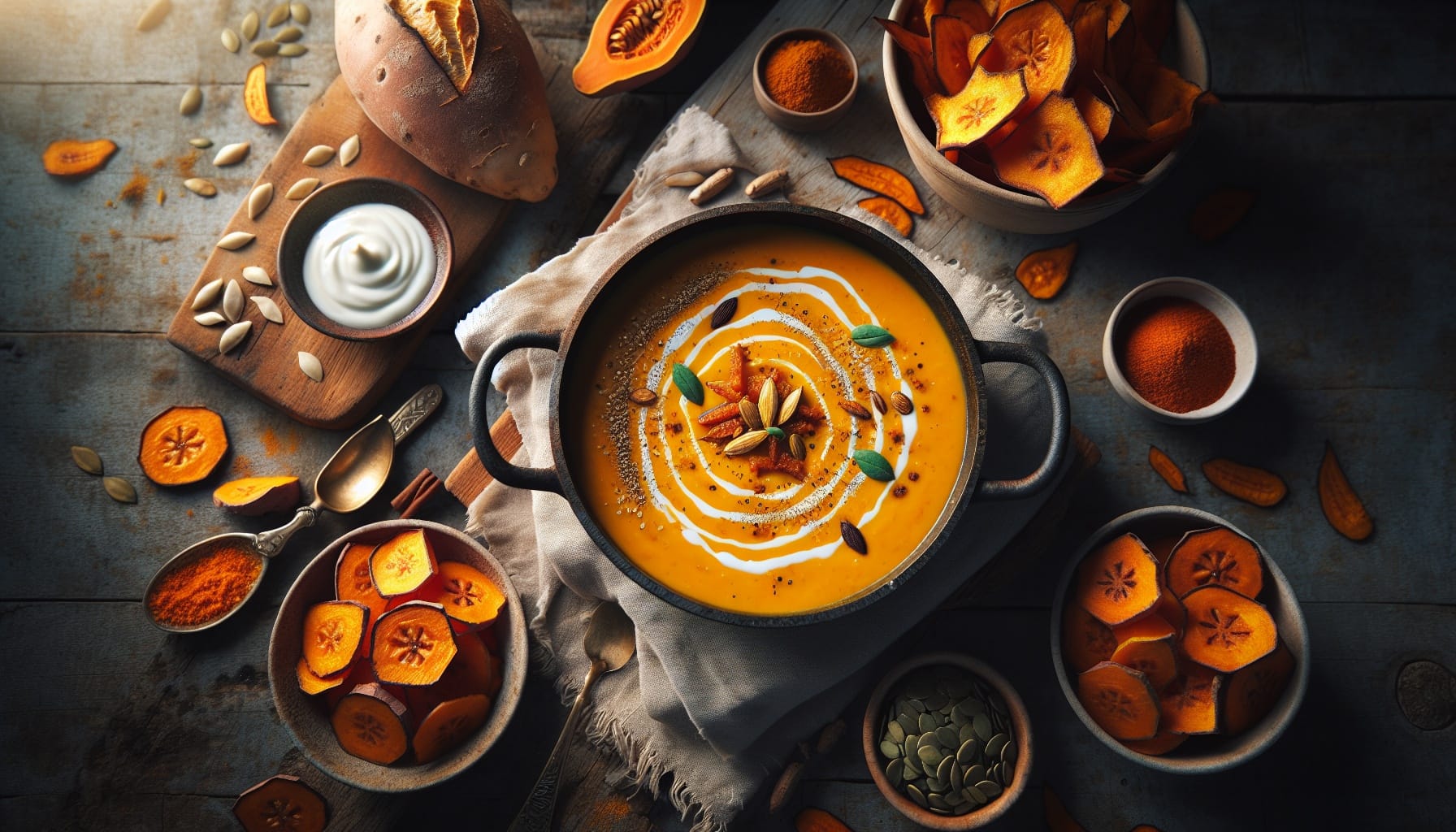 Spiced Coconut Sweet Potato Bisque with Crispy Plantain Chips - A delicious recipe by DigiDish