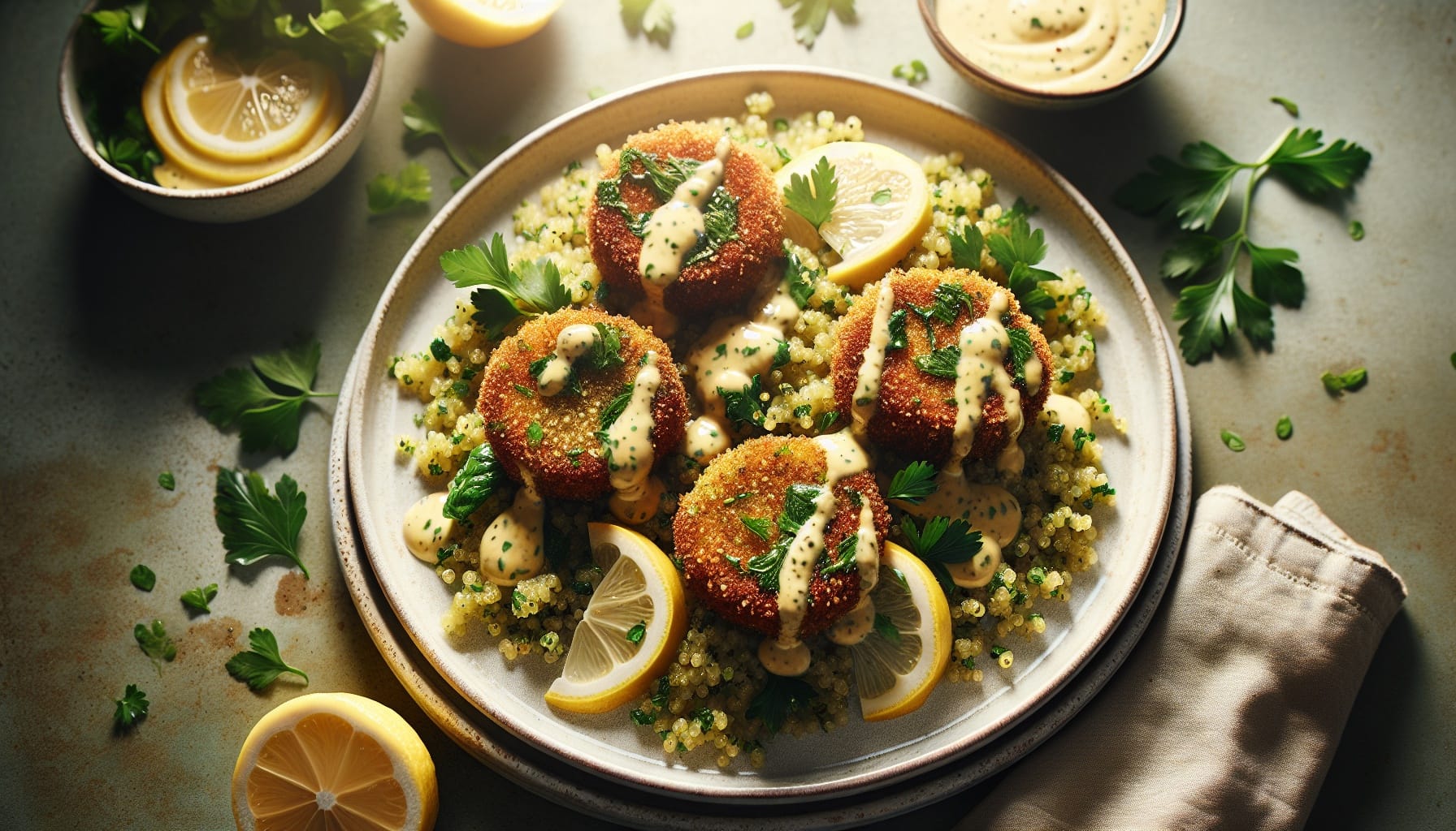 Herb Crusted Mushroom Medallions with Lemon Parsley Quinoa and Garlic Tahini Drizzle - A delicious recipe by DigiDish