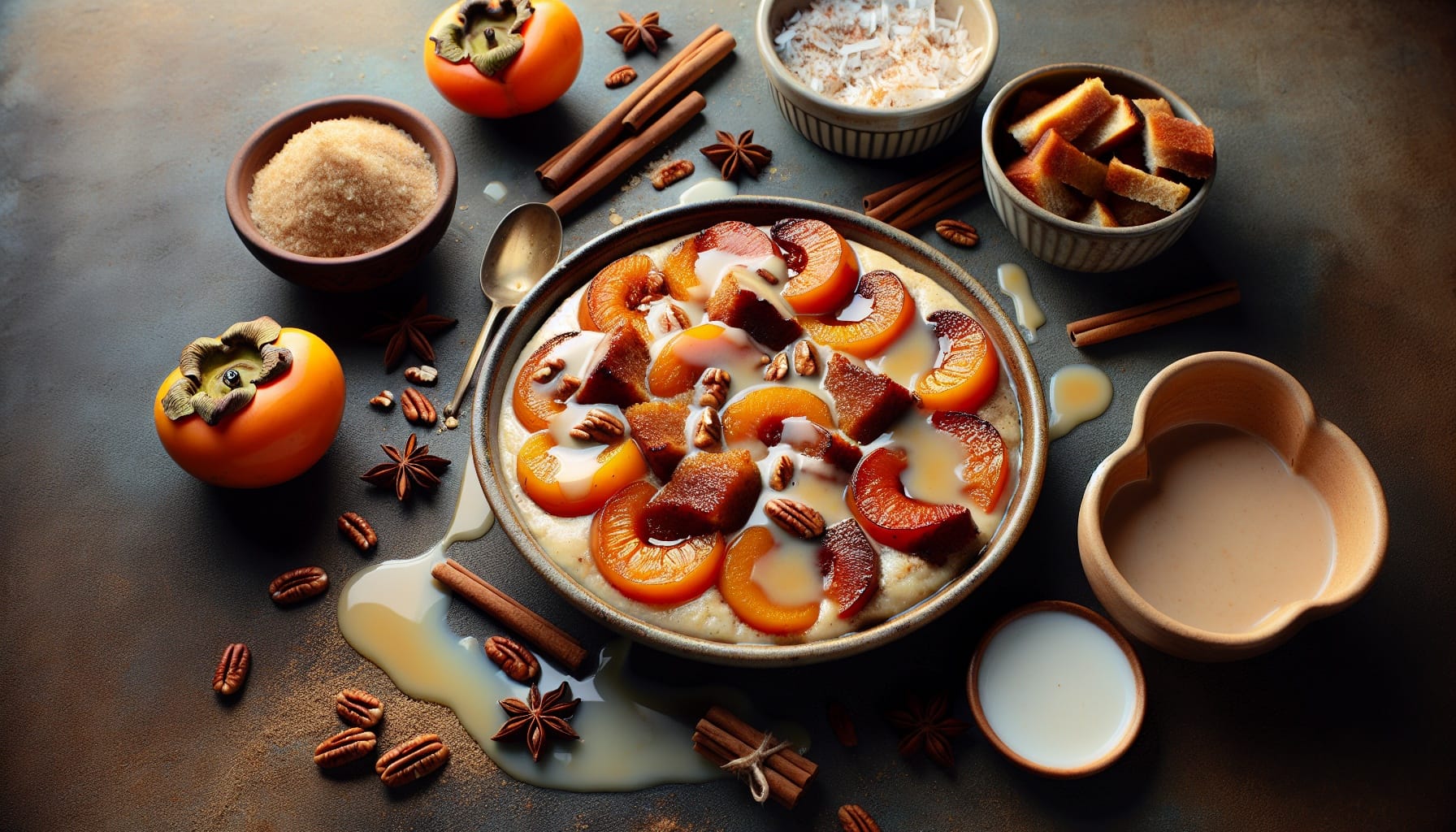 Spiced Persimmon and Coconut Bread Pudding with Cinnamon Maple Sauce - A delicious recipe by DigiDish