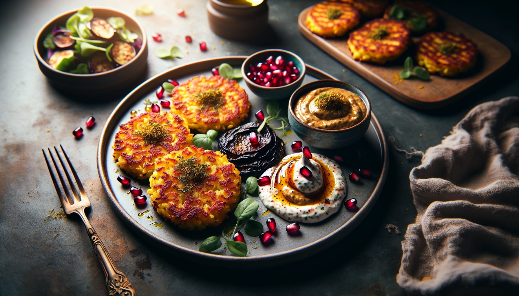 Crispy Saffron Rice Cakes with Smoky Eggplant Yogurt Sauce - A delicious recipe by DigiDish