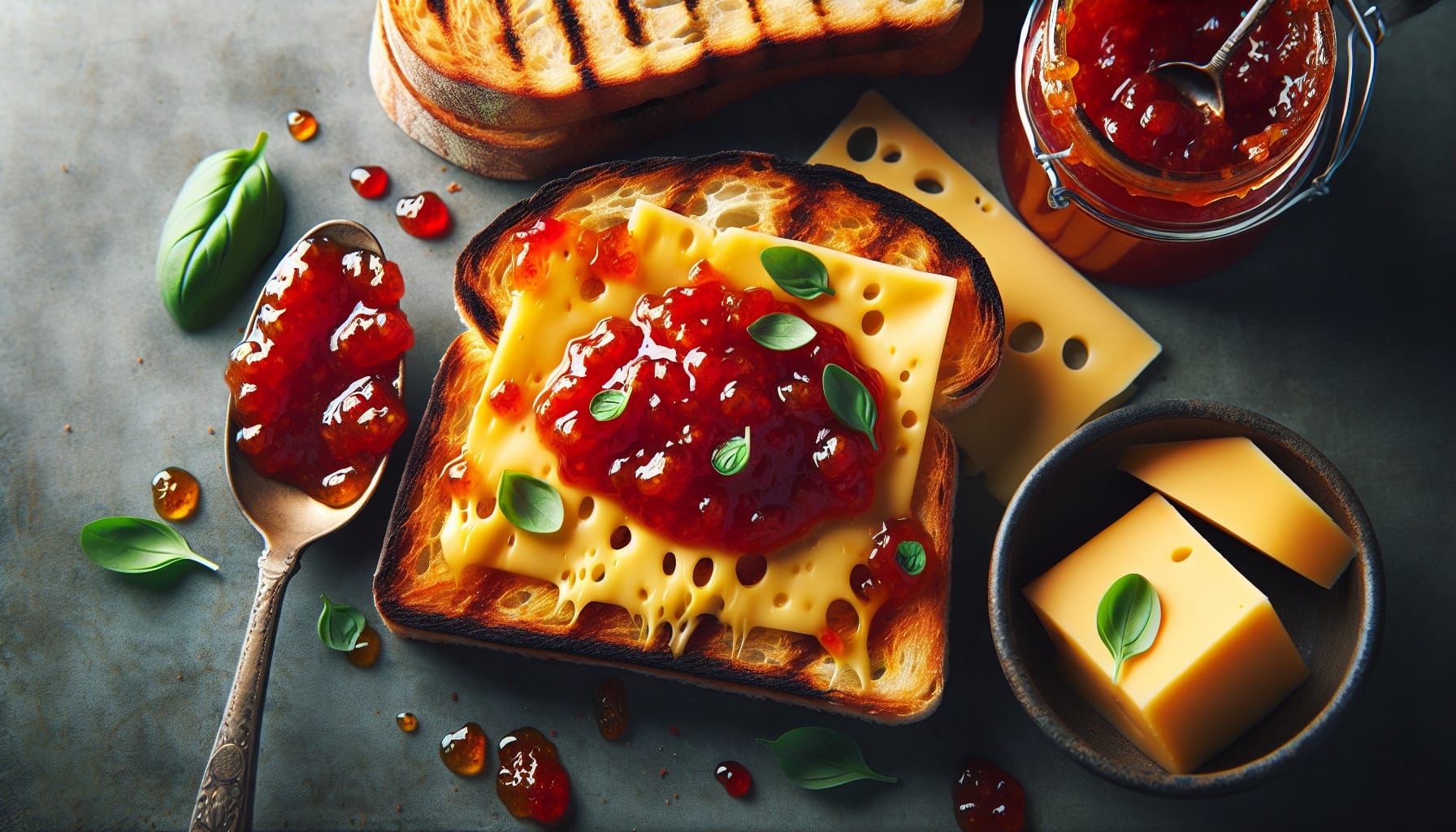 Crispy Cheese Toast with Smoky Tomato Jam and Basil - A delicious recipe by DigiDish