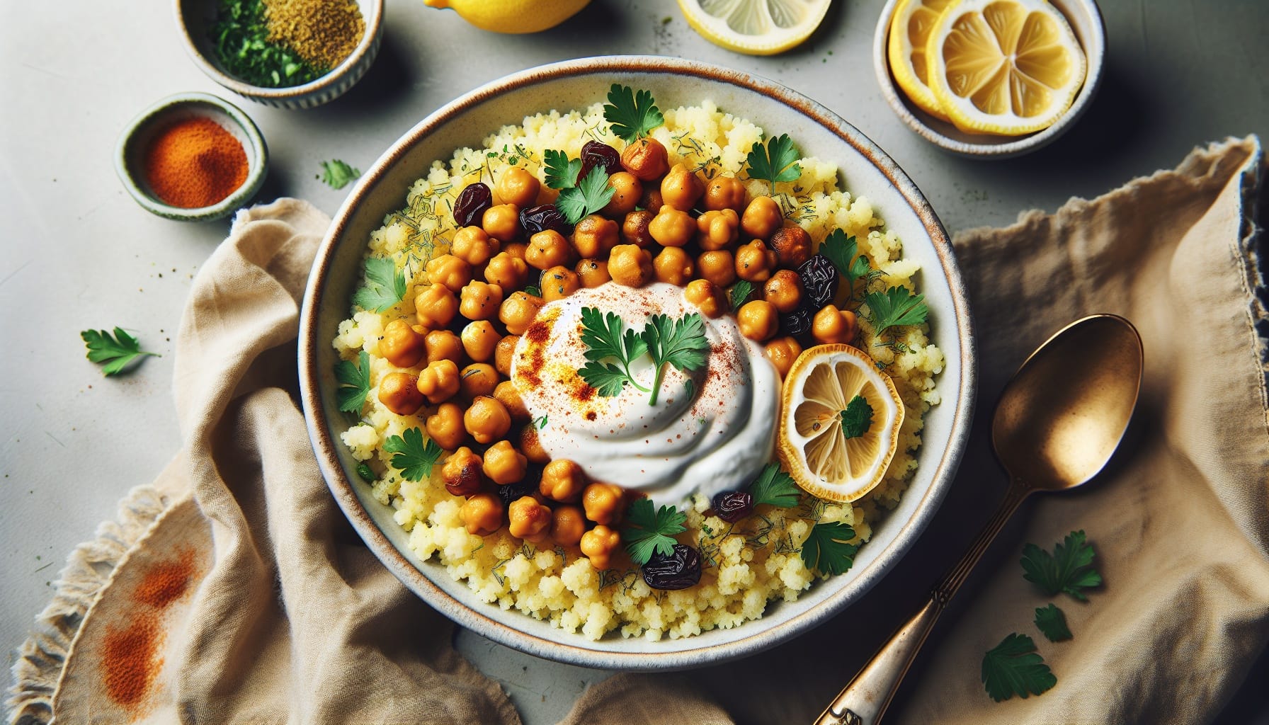 Moroccan Spiced Chickpea Bowl with Preserved Lemon Yogurt and Herbed Couscous - A delicious recipe by DigiDish