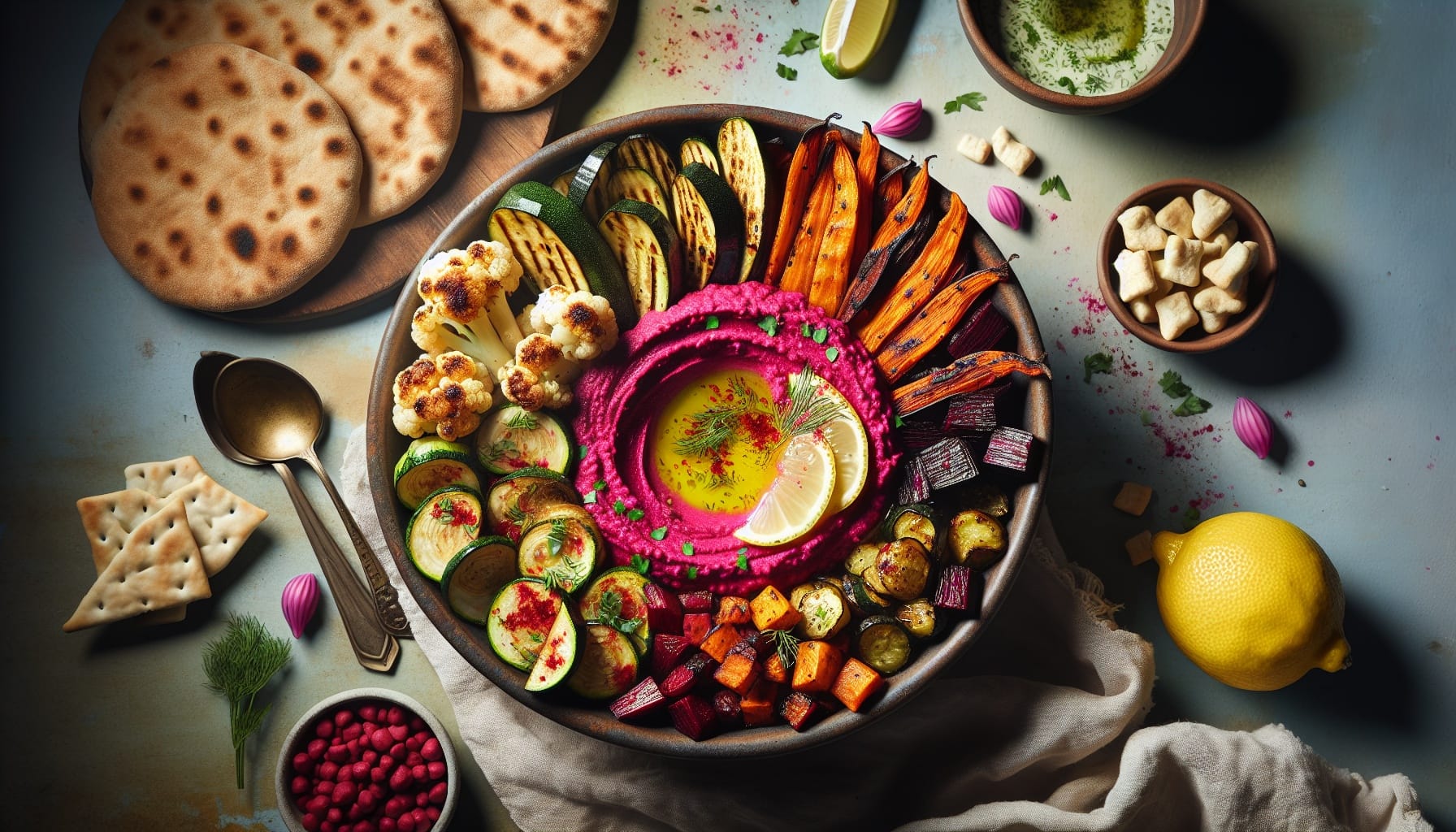 Vibrant Beet Hummus Bowl with Roasted Zaatar Vegetables and Lemon Dill Dressing - A delicious recipe by DigiDish