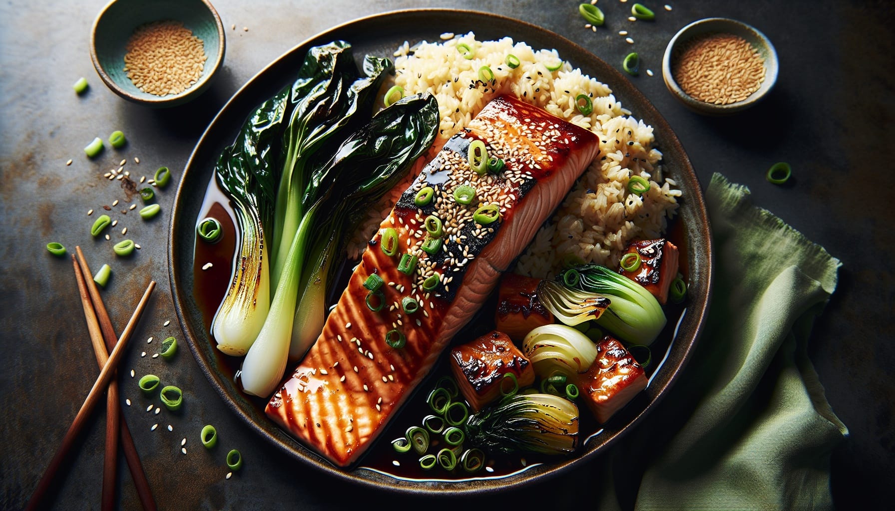 Miso Ginger Glazed Salmon with Sesame Scallion Rice and Roasted Bok Choy - A delicious recipe by DigiDish