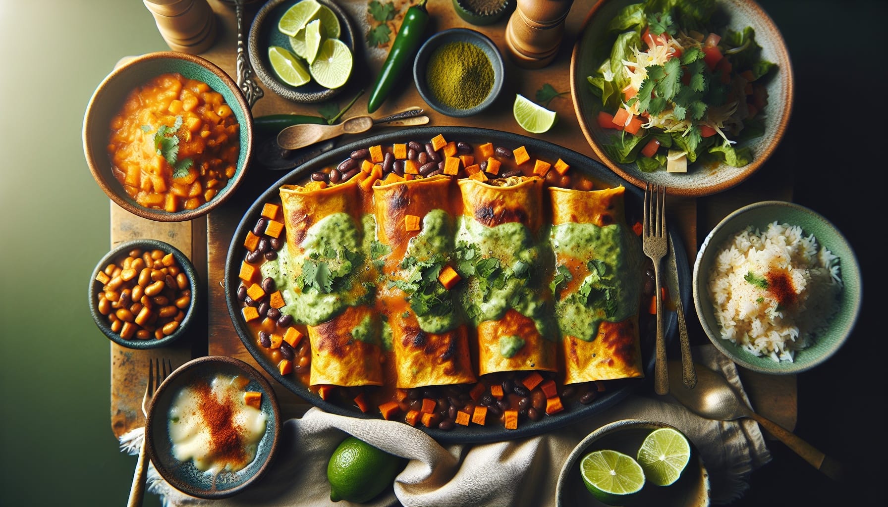 Smoky Sweet Potato and Black Bean Enchiladas with Lime Cilantro Sauce - A delicious recipe by DigiDish