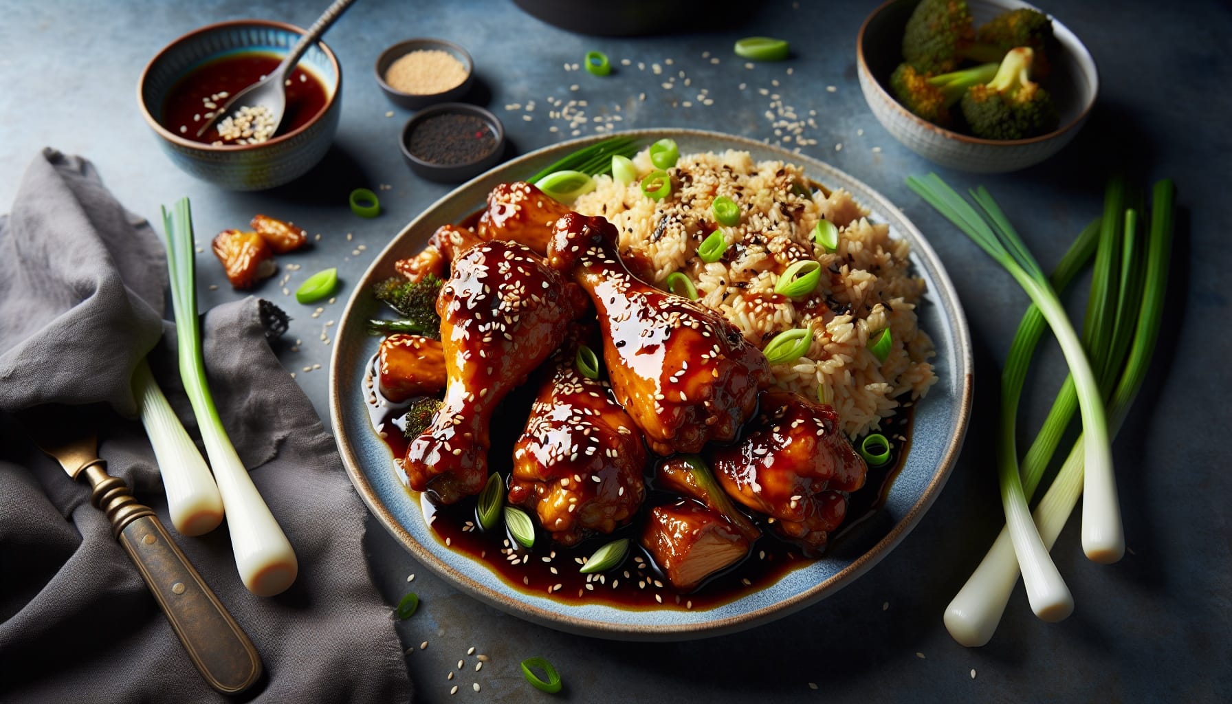 Sticky Ginger Soy Chicken Drumsticks with Scallion Sesame Rice - A delicious recipe by DigiDish