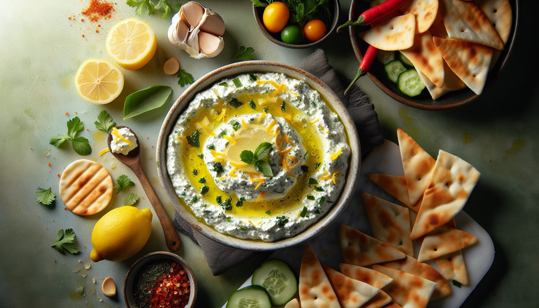 Zesty Lemon Herb Ricotta Dip with Crispy Baked Pita Chips - A delicious recipe by DigiDish