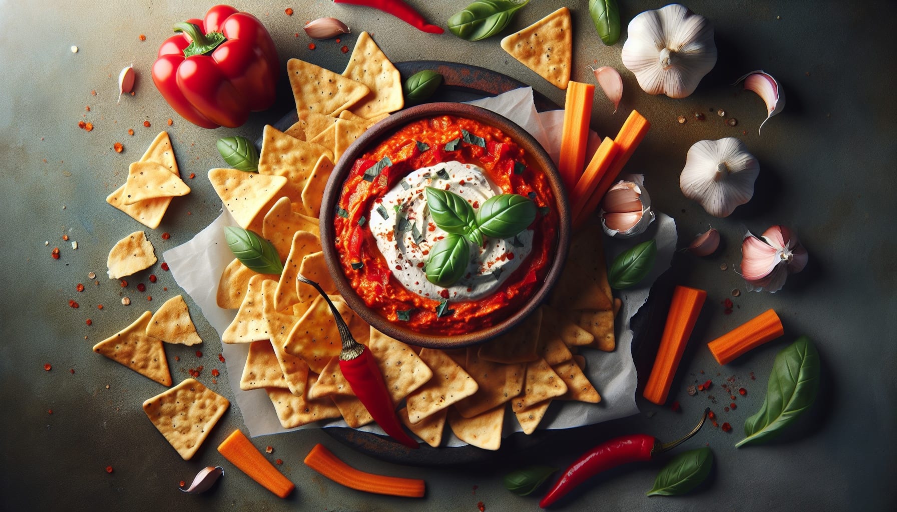 Creamy Roasted Red Pepper and Basil Dip with Garlic Pita Chips - A delicious recipe by DigiDish