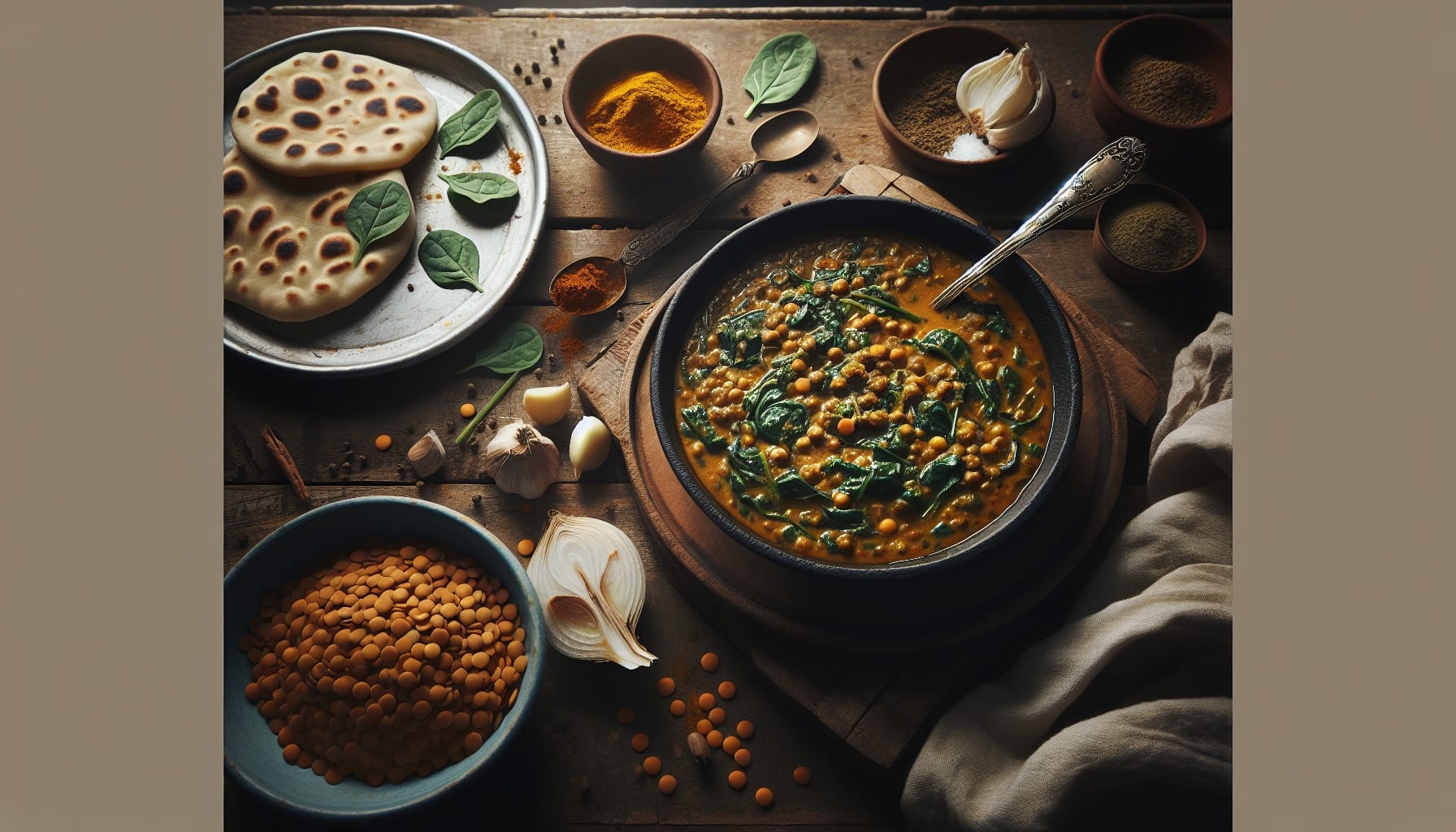 Easy Homemade Lentil and Spinach Curry with Garlic Flatbreads - A delicious recipe by DigiDish
