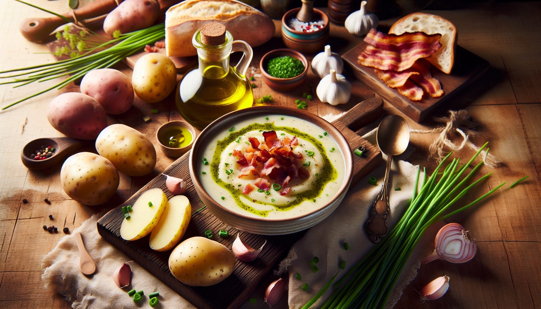 Rustic Creamy Potato Soup with Crispy Smoked Bacon and Chive Oil - A delicious recipe by DigiDish