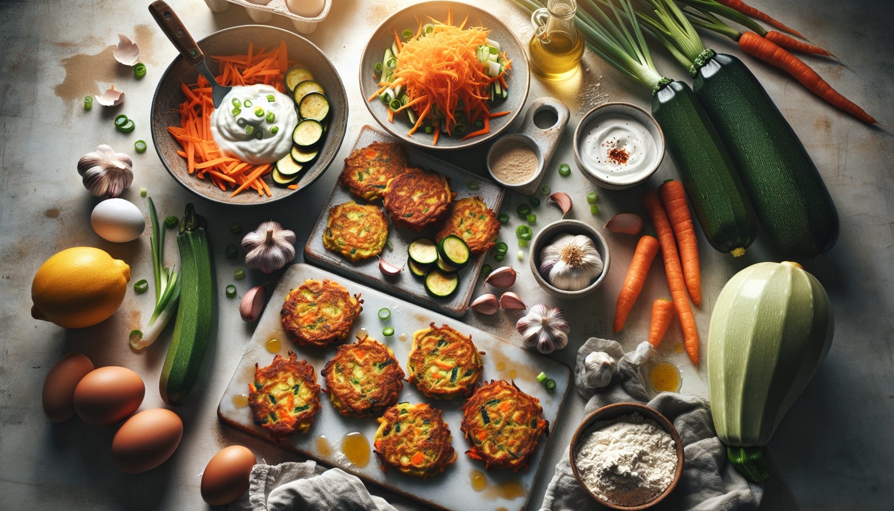 Simple Homemade Carrot Zucchini Fritters with Spicy Yogurt Dip - A delicious recipe by DigiDish