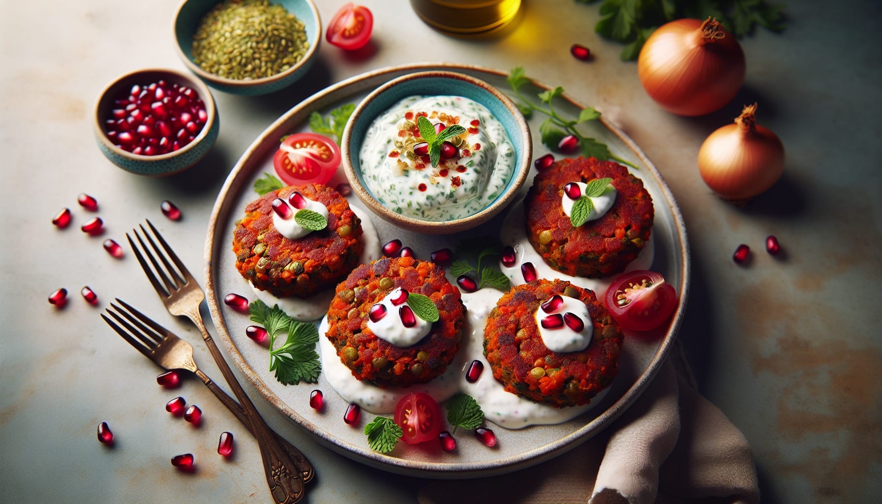Turkish Red Lentil Patties with Fresh Herb Yogurt and Pomegranate - A delicious recipe by DigiDish