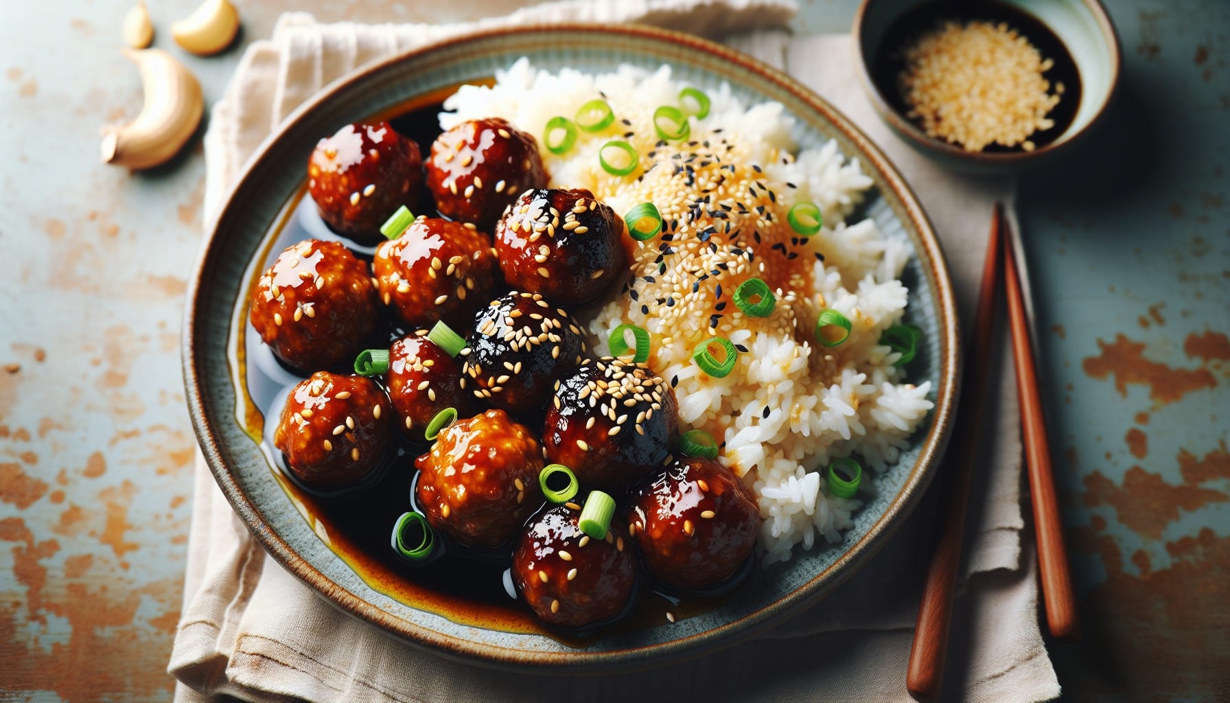 Spiced Ginger Honey Glazed Meatballs with Sesame Scallion Rice - A delicious recipe by DigiDish