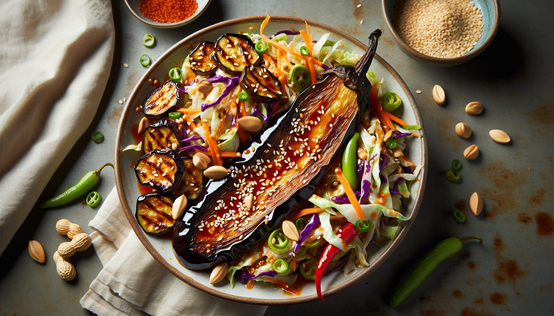Spicy Sesame Gochujang Glazed Eggplant with Crunchy Peanut Slaw - A delicious recipe by DigiDish