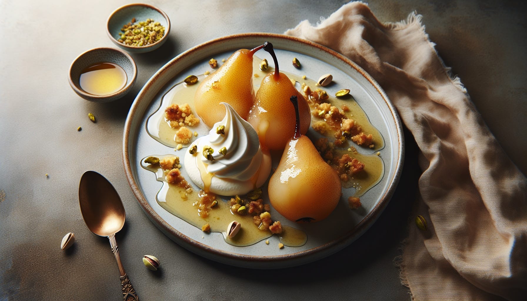 Warm Honey Glazed Pears with Mascarpone Cream and Pistachio Crumble - A delicious recipe by DigiDish
